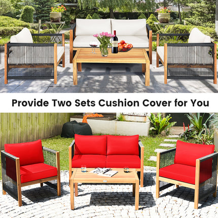 4 Pieces Wood Outdoor Patio Furniture Set with Cushions for Garden-Red