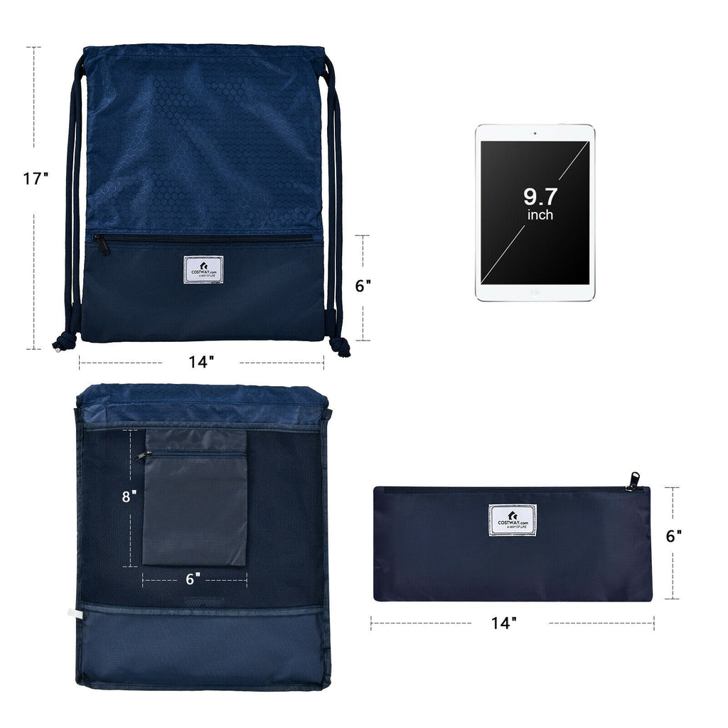 Drawstring Backpack String Bag Foldable Sports Sack with Zipper Pocket-Dark Blue