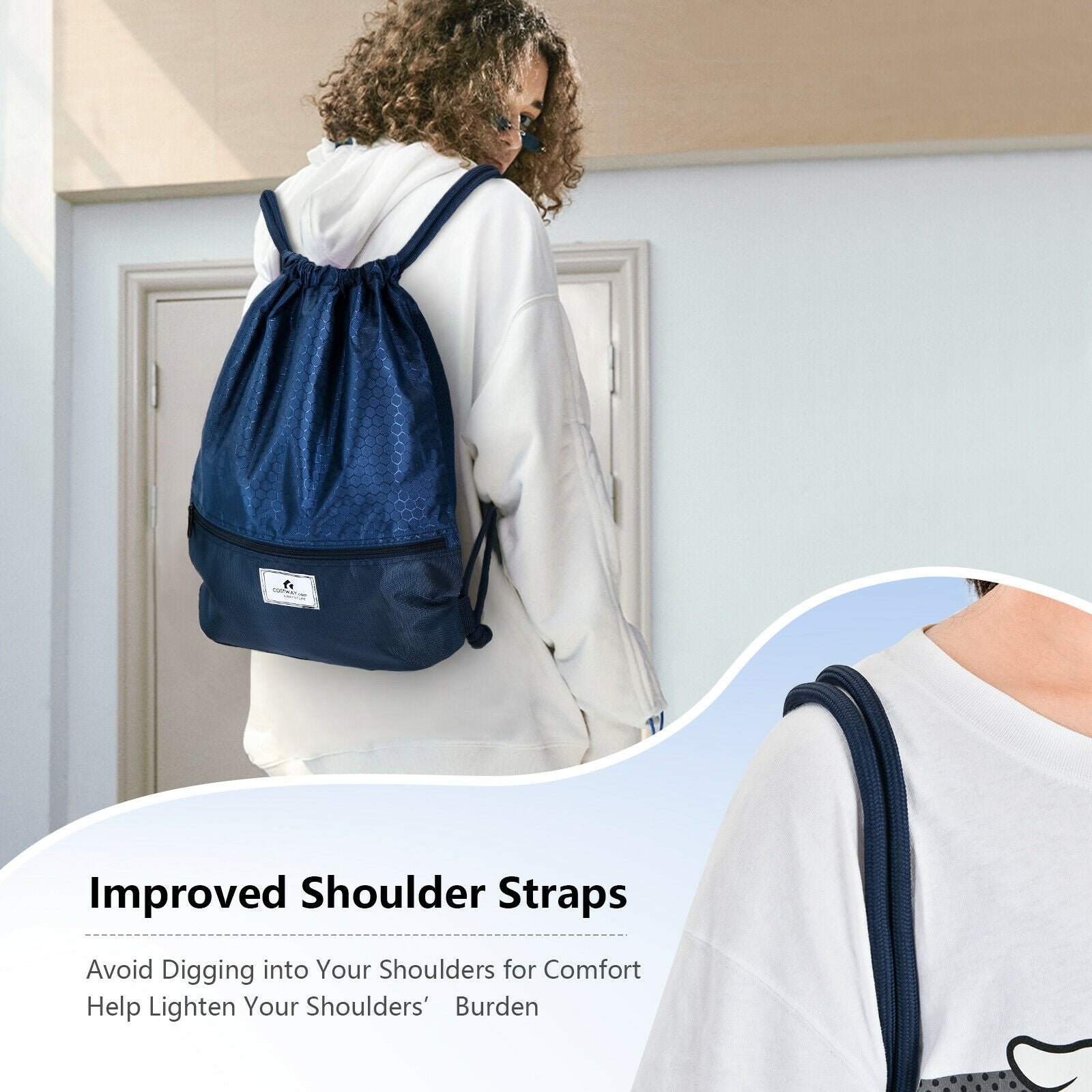Drawstring Backpack String Bag Foldable Sports Sack with Zipper Pocket-Dark Blue