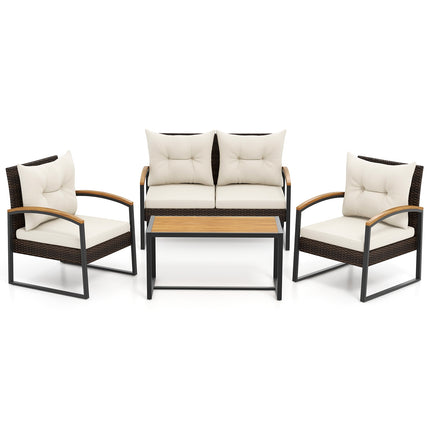 4 Pieces Patio Conversation Set with Acacia Wood Armrests and Tabletop and Cushions-White