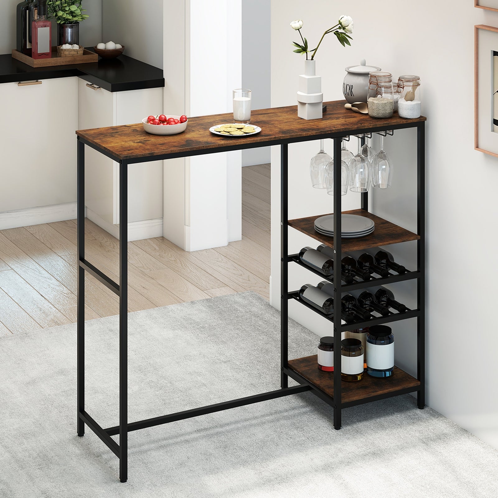 Long Bar Table Bar Height Dining Table with Storage Shelves-Rustic Brown