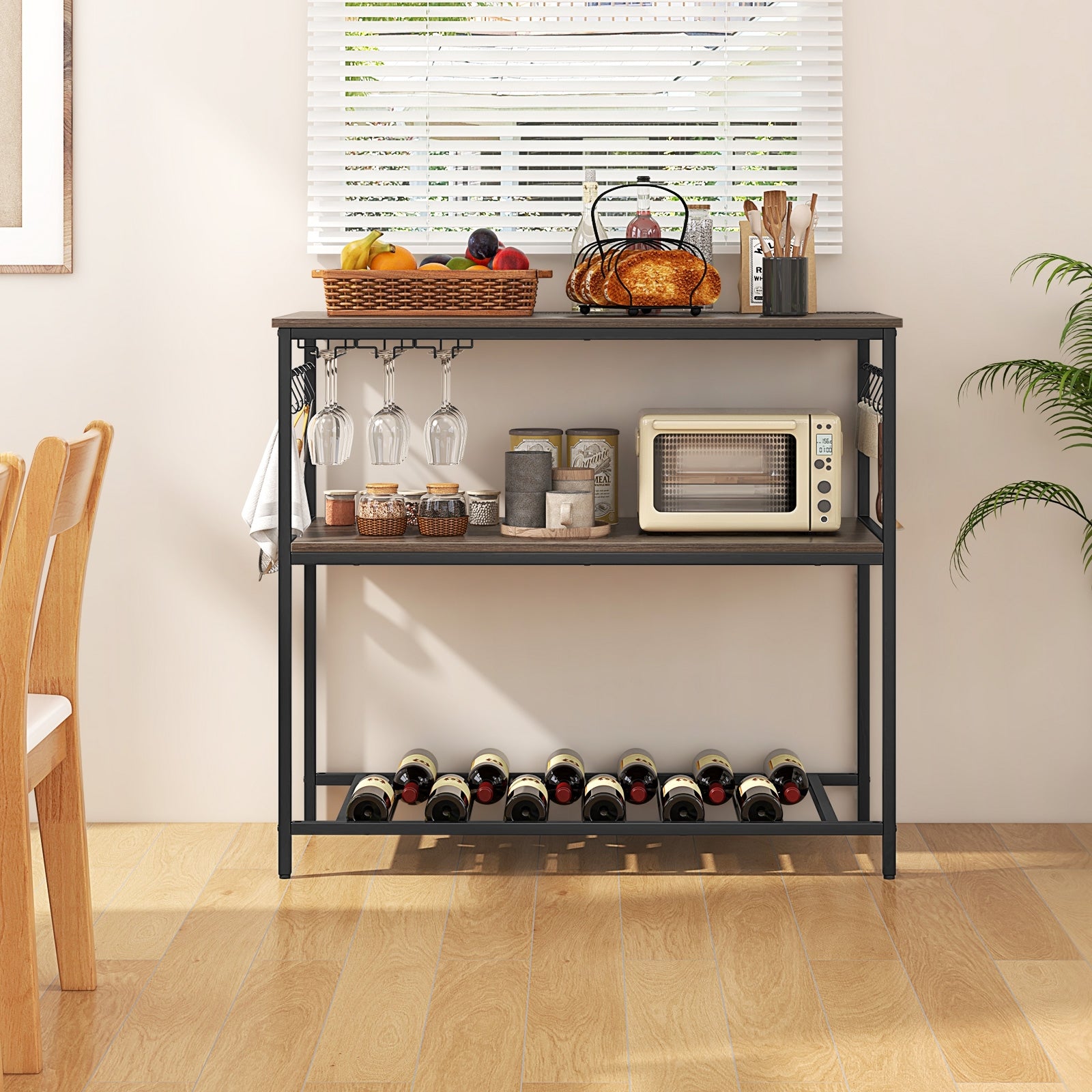 Kitchen Island with 3 Shelves Wine Glass Holders and 10 Hooks-Gray