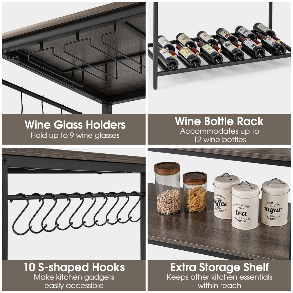 Kitchen Island with 3 Shelves Wine Glass Holders and 10 Hooks-Gray
