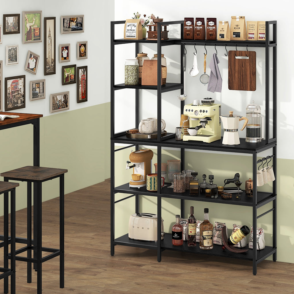 5-Tier Bakers Rack with Power Outlets and 10 S-Shaped Hooks-Black