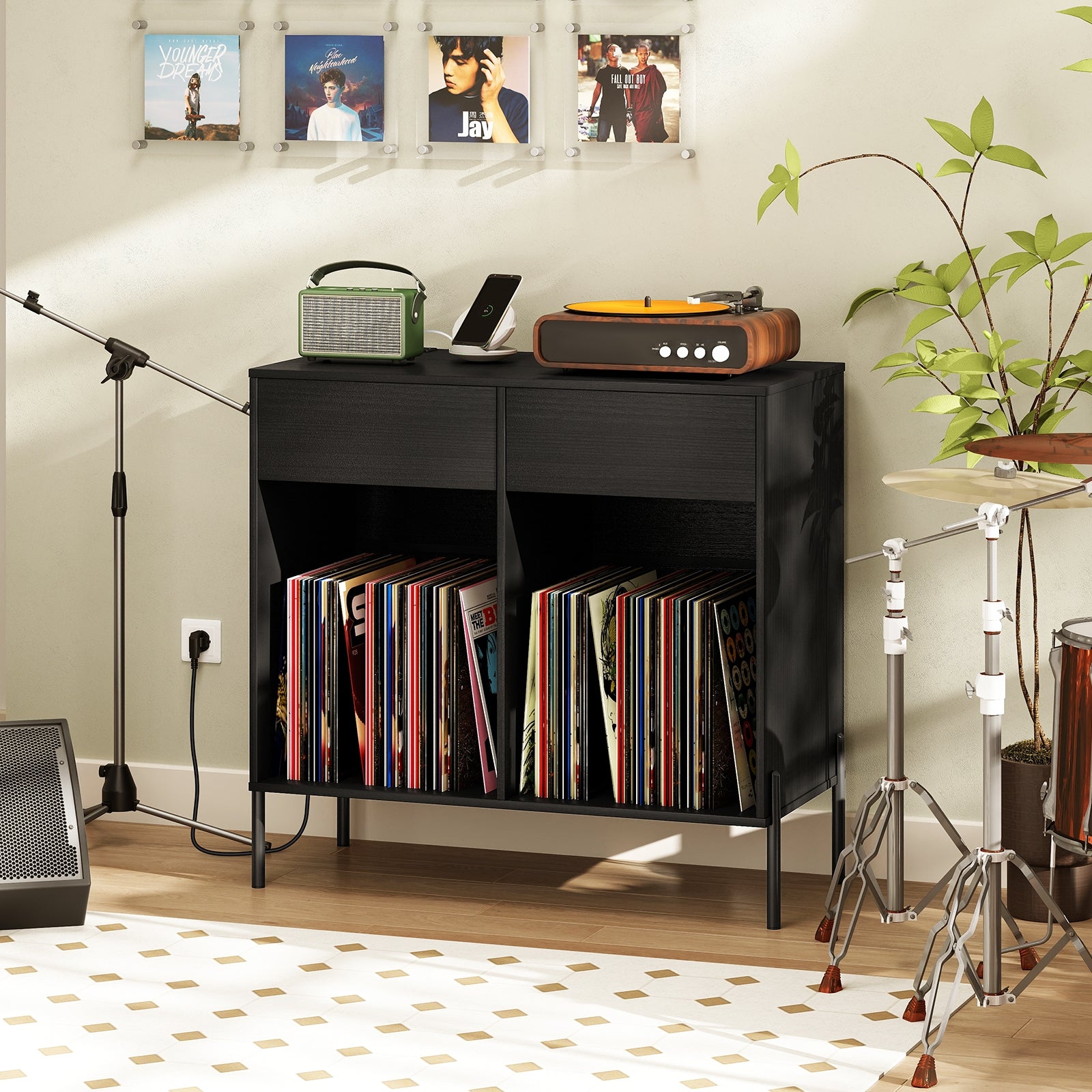Record Player Stand with Power Outlets Double Wide Turntable Stand Vinyl Record Storage Table-Black