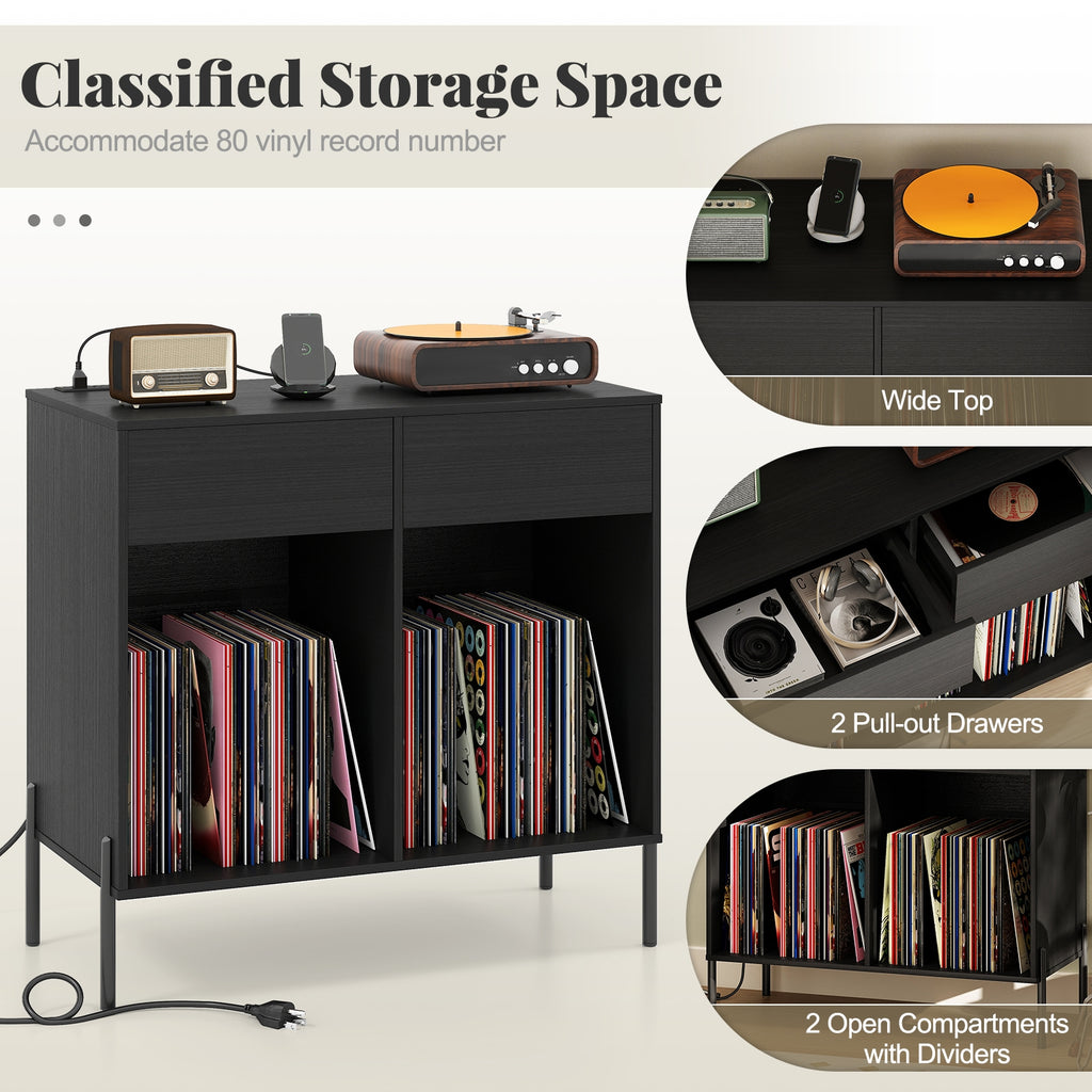 Record Player Stand with Power Outlets Double Wide Turntable Stand Vinyl Record Storage Table-Black