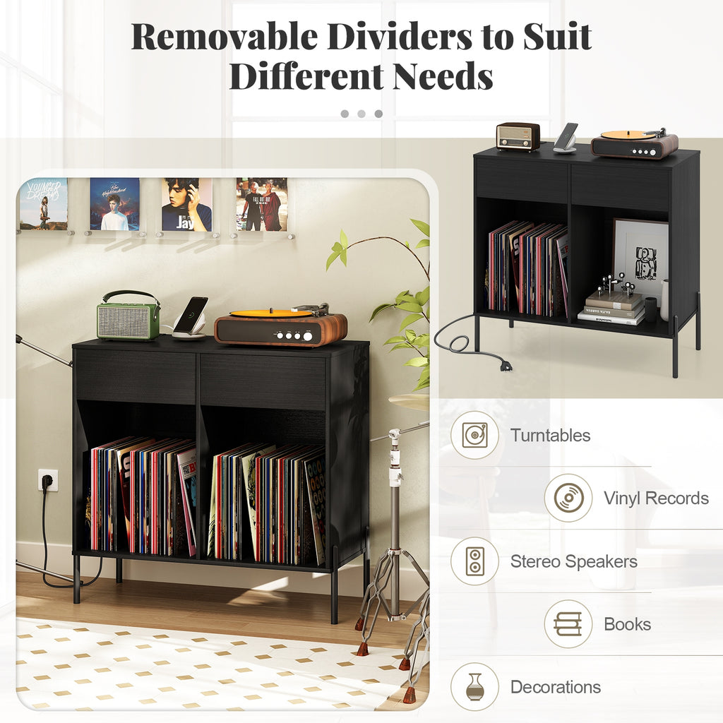 Record Player Stand with Power Outlets Double Wide Turntable Stand Vinyl Record Storage Table-Black