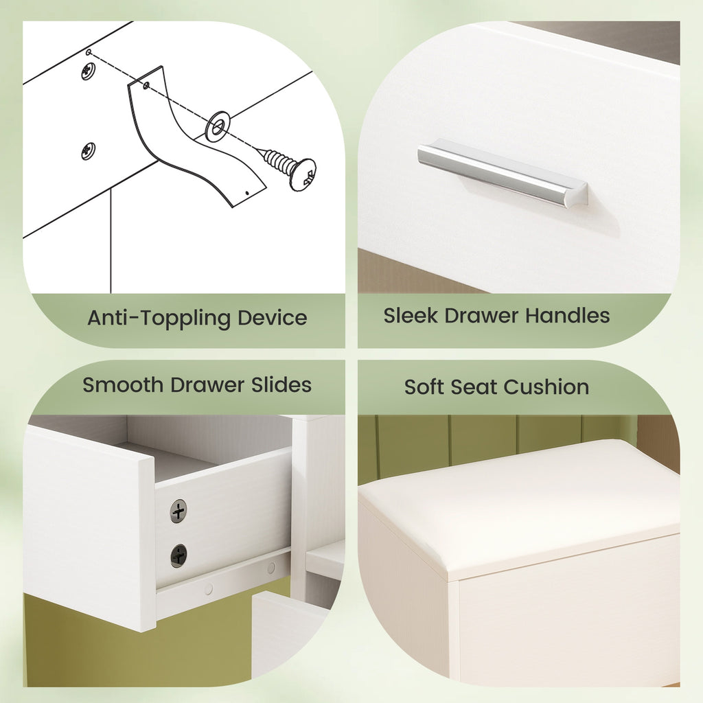Makeup Table and Stool Set with Hair Dryer Stand-White