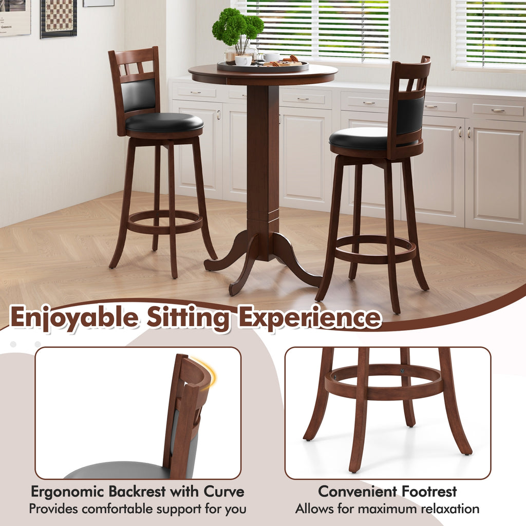 Wood Swivel Bar Stools Set of 2 with Faux Leather Upholstered Seat and Back-Brown