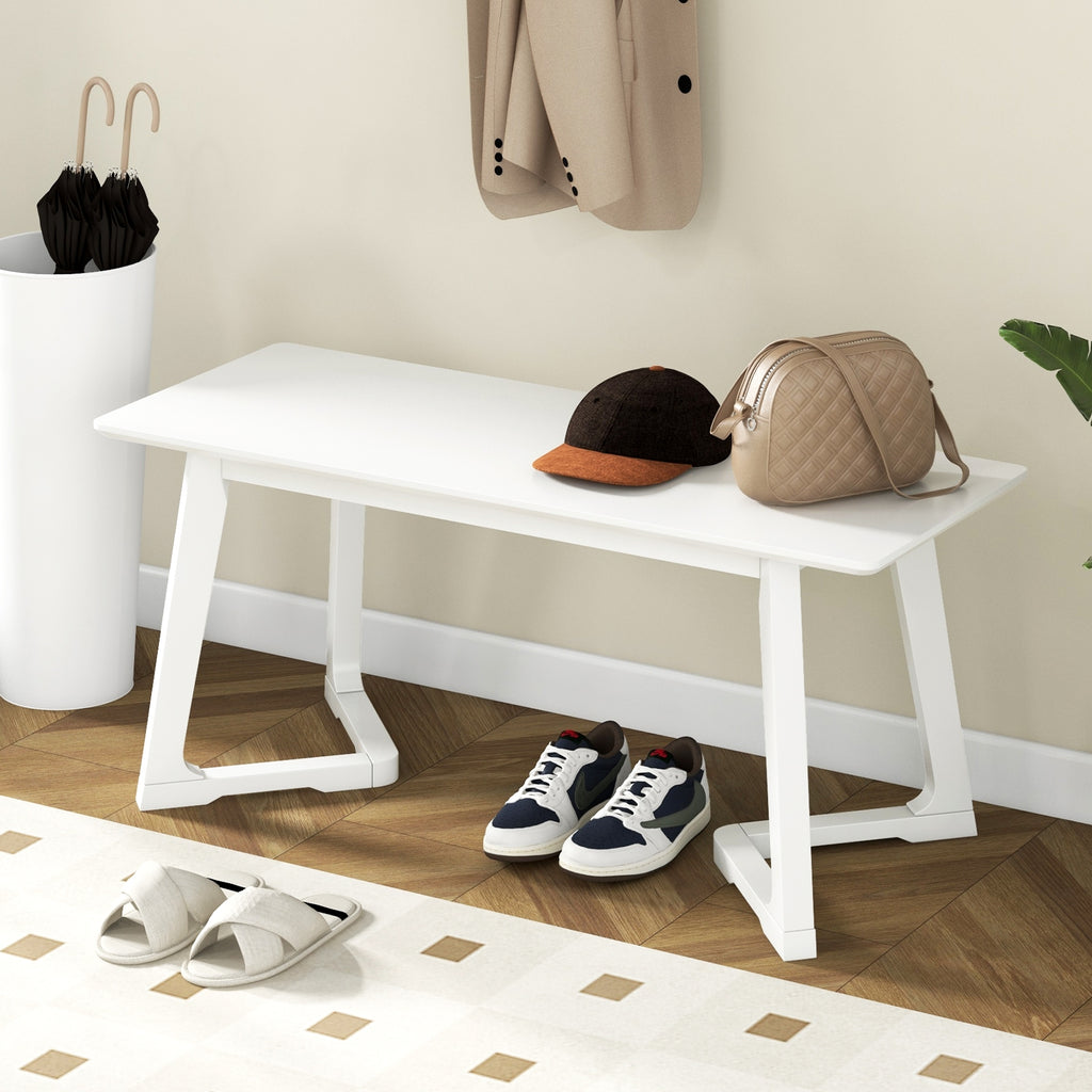 42 Inch Modern Entryway Bench Long Dining Bench with Rubber Wood Legs-White