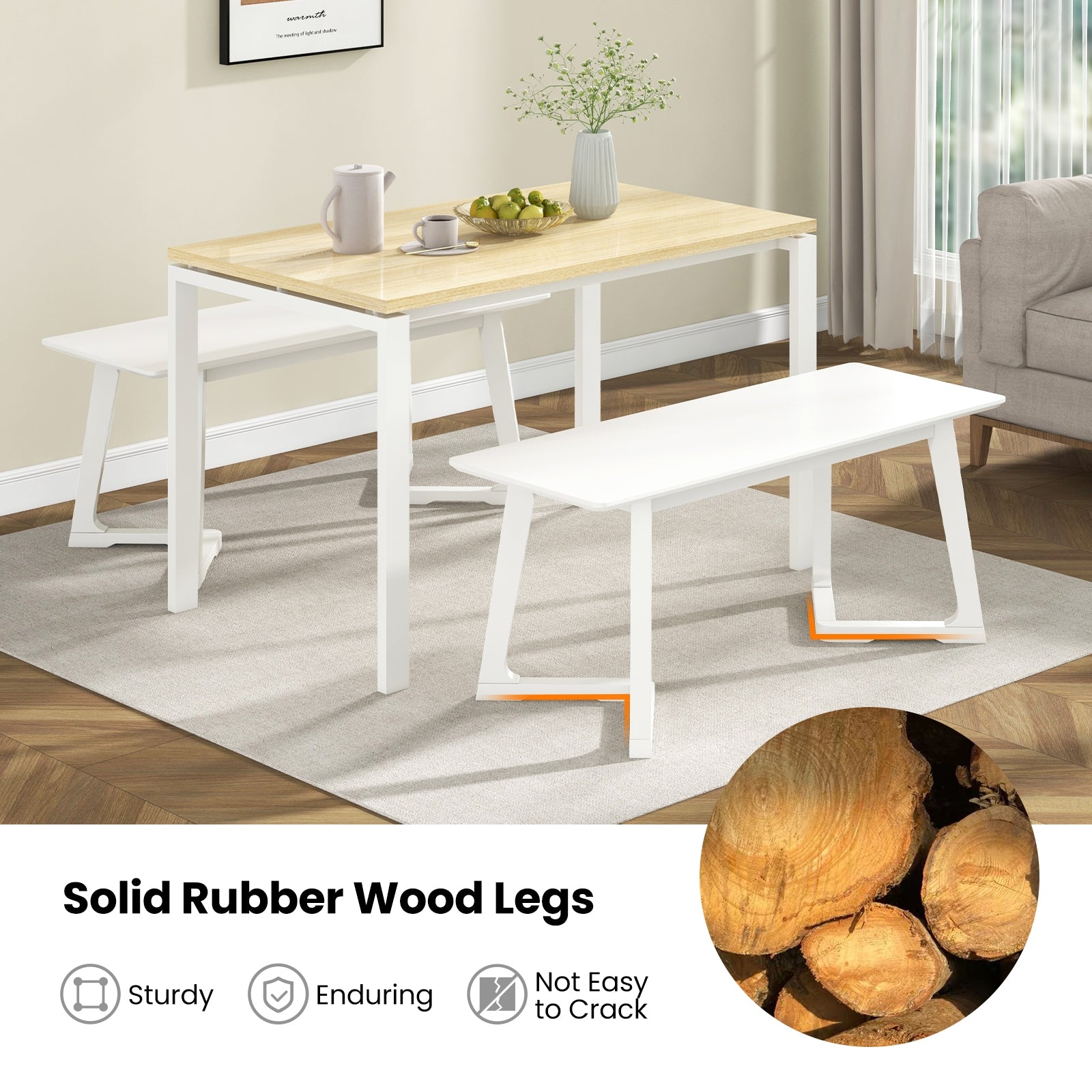 42 Inch Modern Entryway Bench Long Dining Bench with Rubber Wood Legs-White