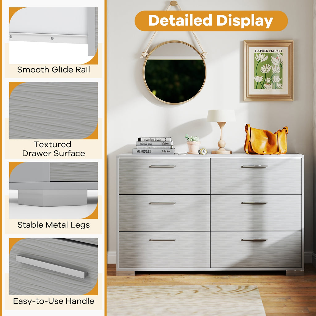 6 Drawer Storage Cabinet with Metal Legs Handles with Anti-Toppling Devices-Grey
