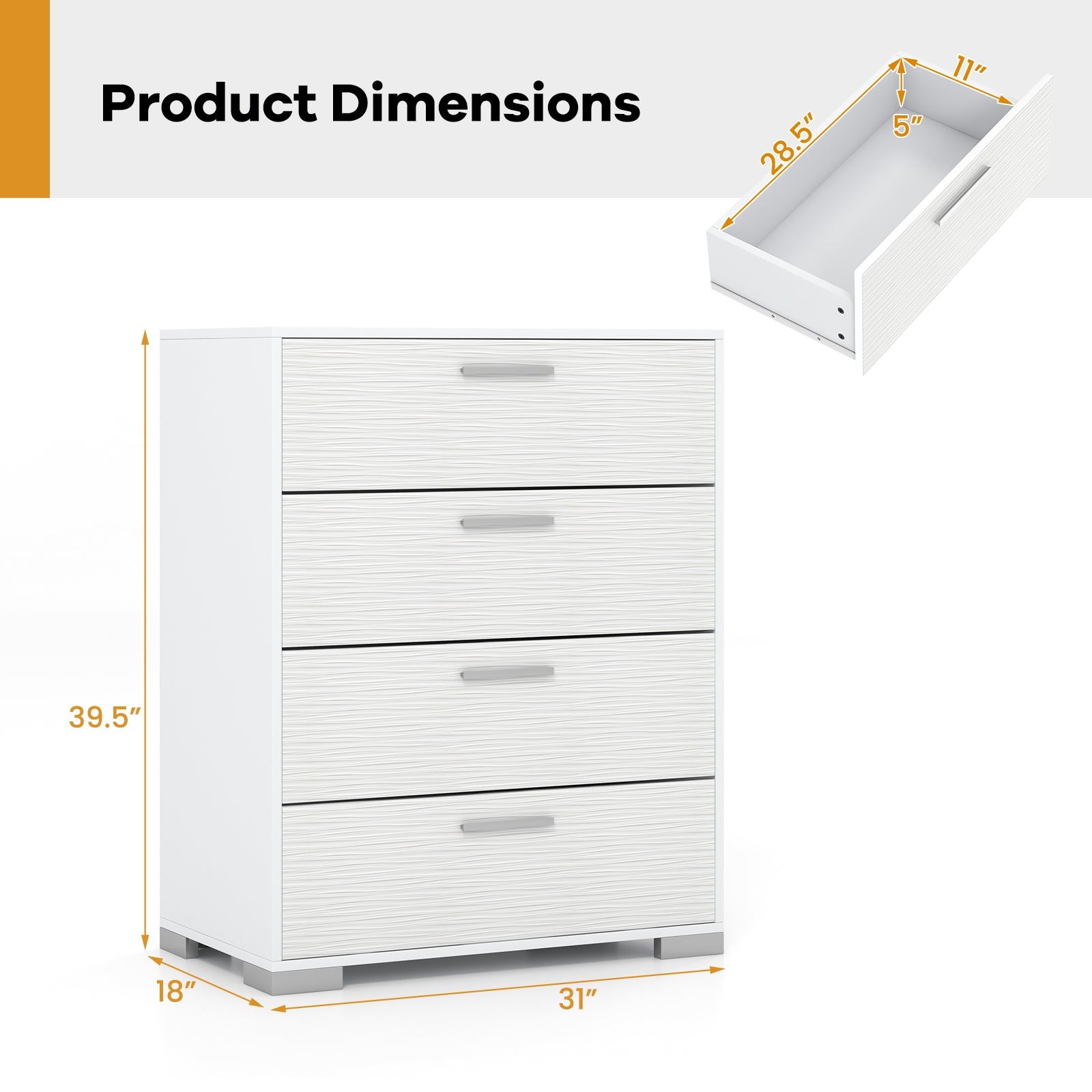 4 Drawer Storage Cabinet with Metal Legs Handles with Anti-Toppling Devices-White