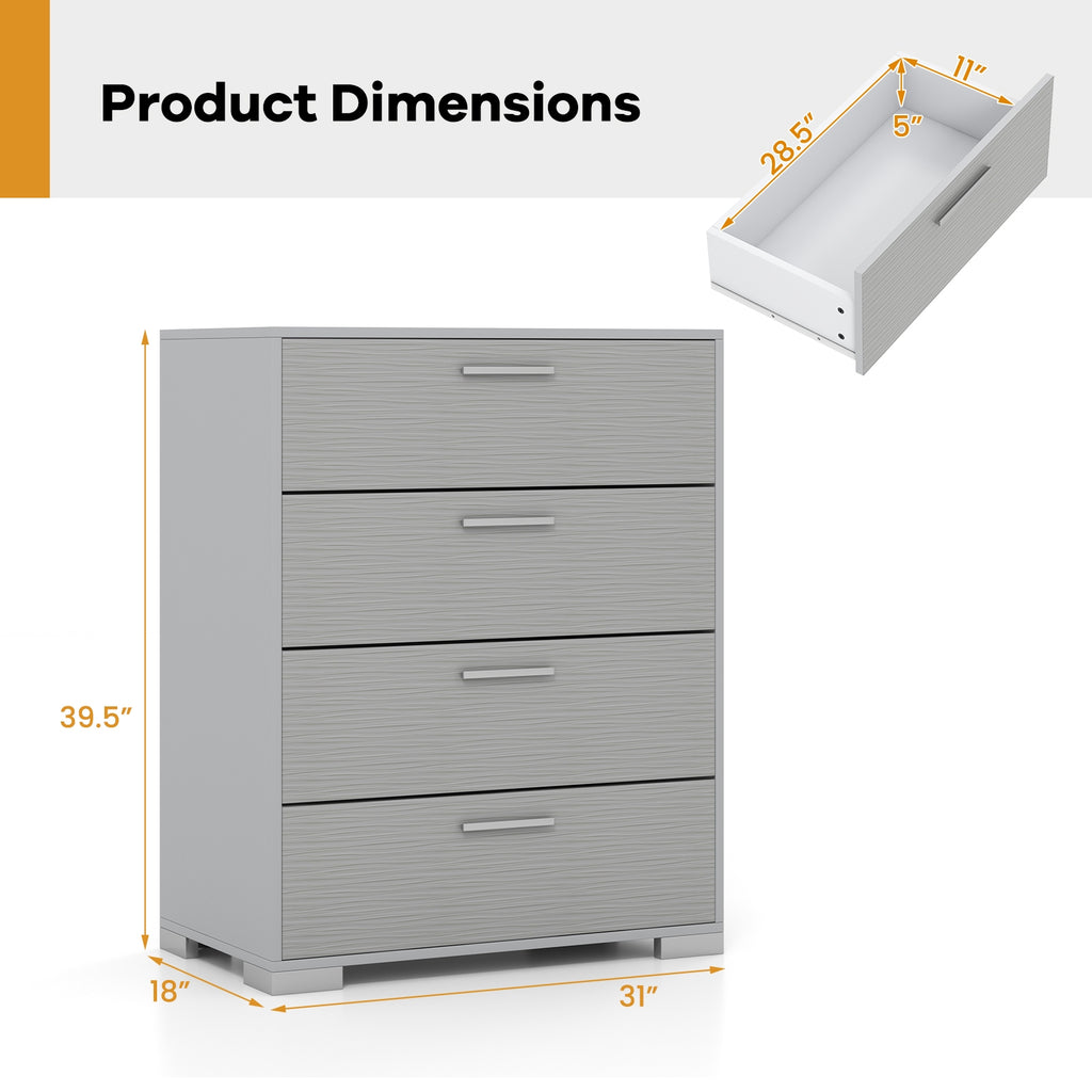 4 Drawer Storage Cabinet with Metal Legs Handles with Anti-Toppling Devices-Gray