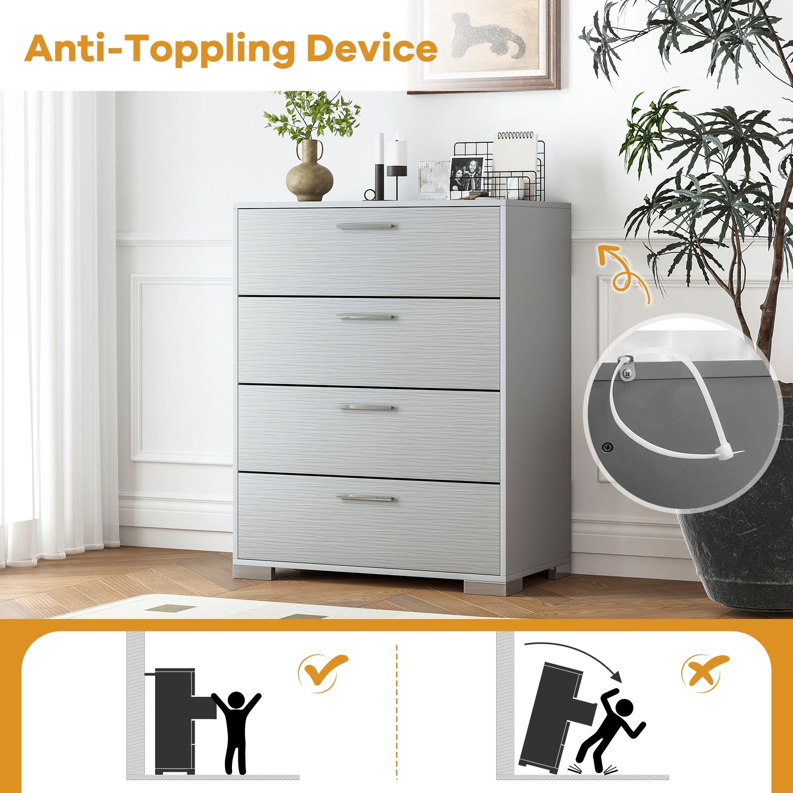 4 Drawer Storage Cabinet with Metal Legs Handles with Anti-Toppling Devices-Gray