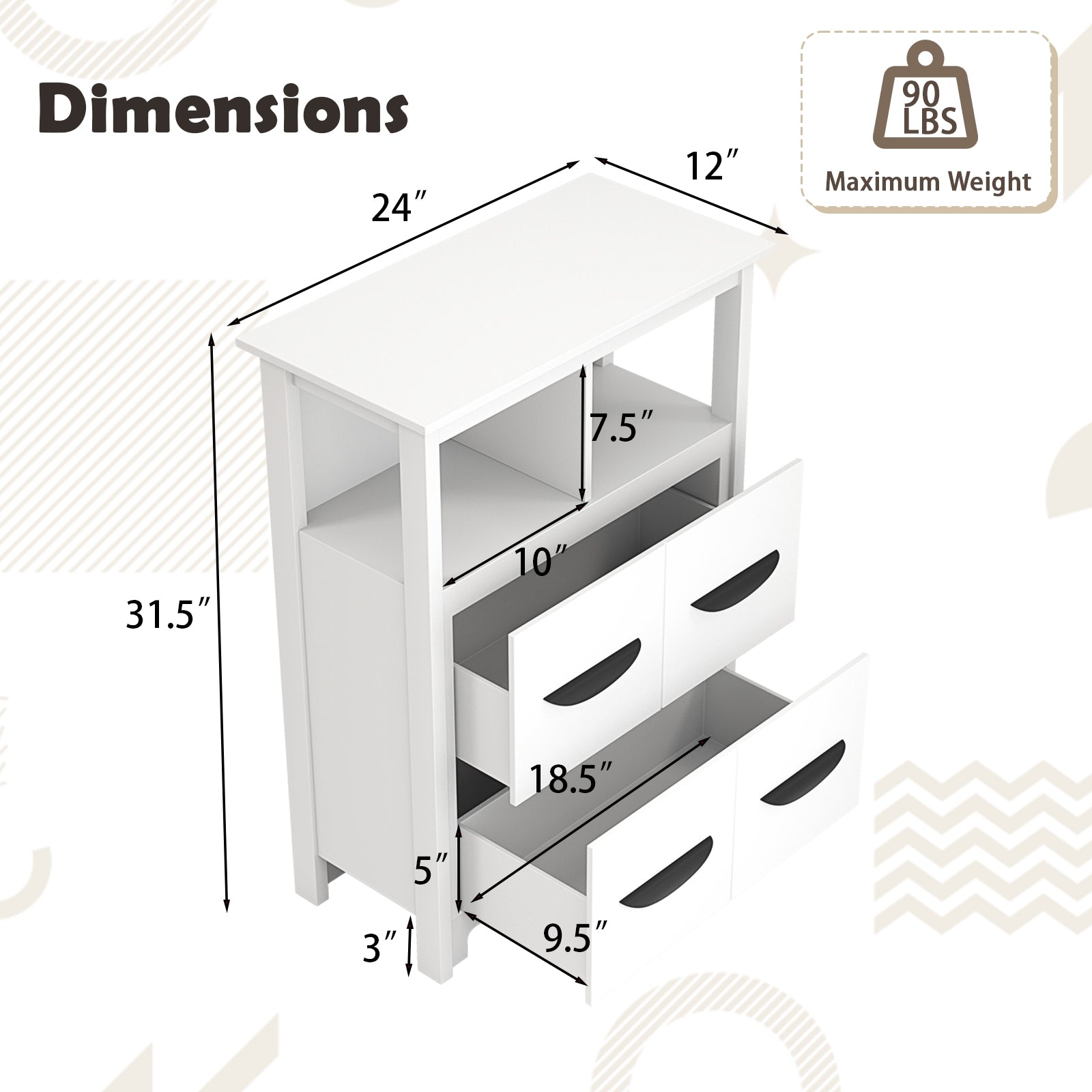24 Inch Floor Cabinet with 2 Open Compartments and 2 Drawers-White