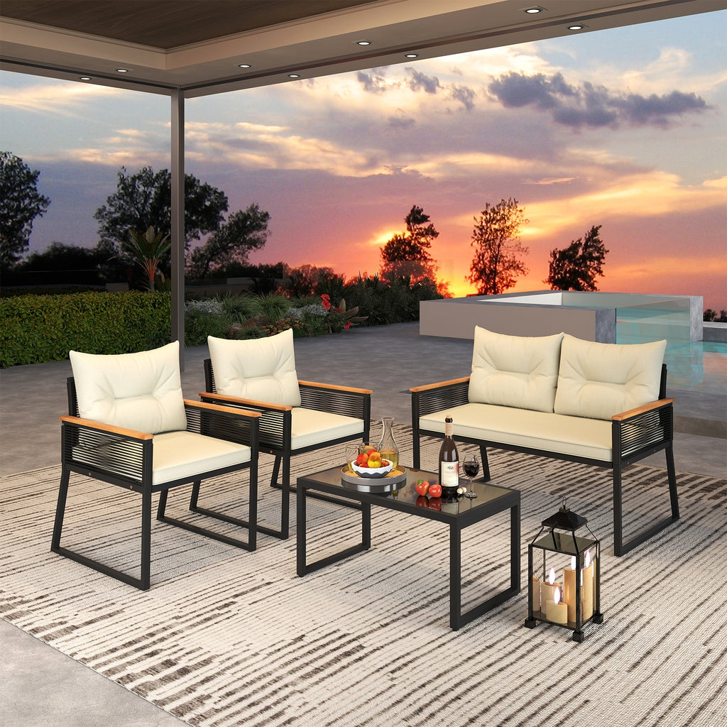 4 Pieces Patio Furniture Set Outdoor Conversation Set with Tempered Glass Coffee Table-Black