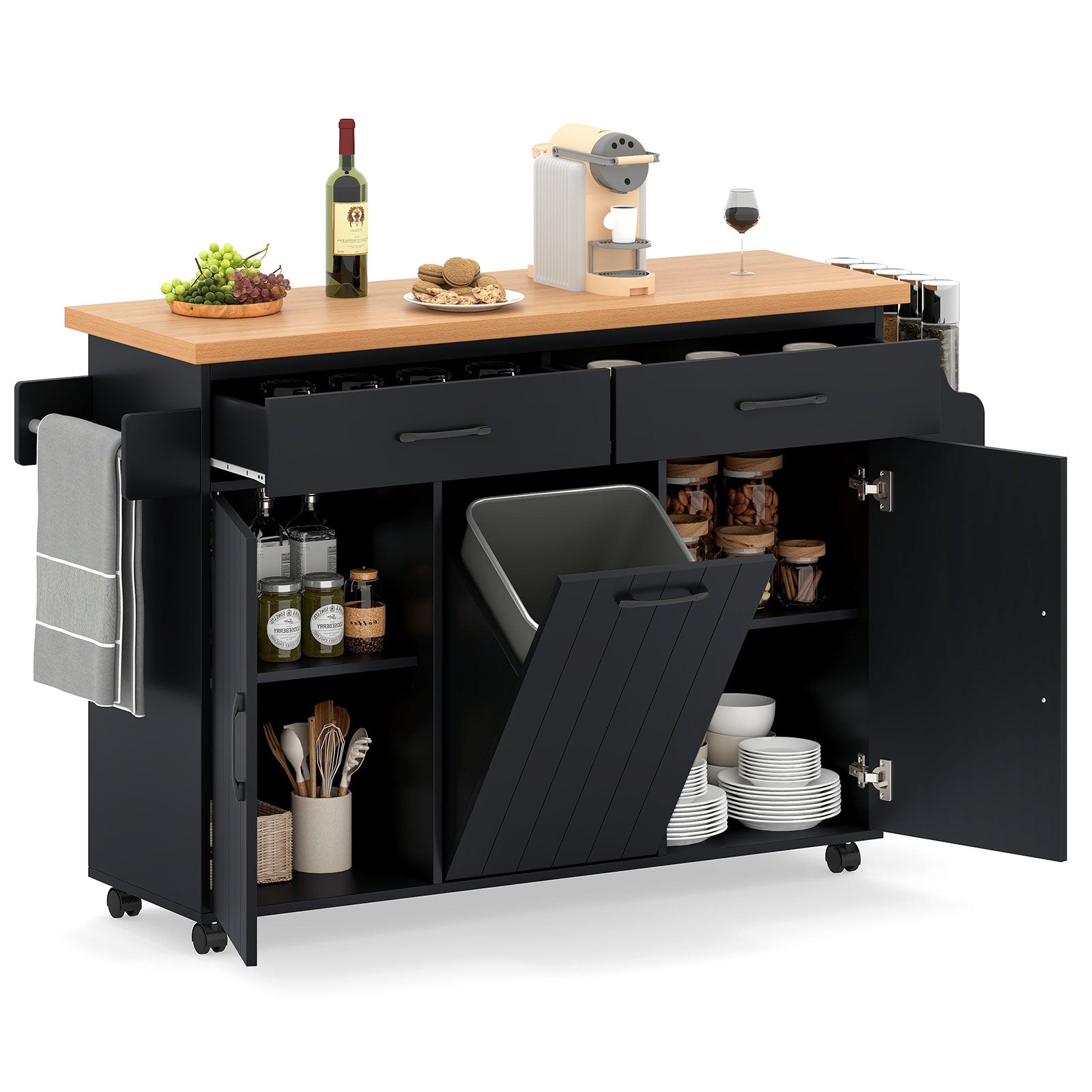 Mobile Kitchen Island Table with Trash Bag Storage for Dining Room-Black