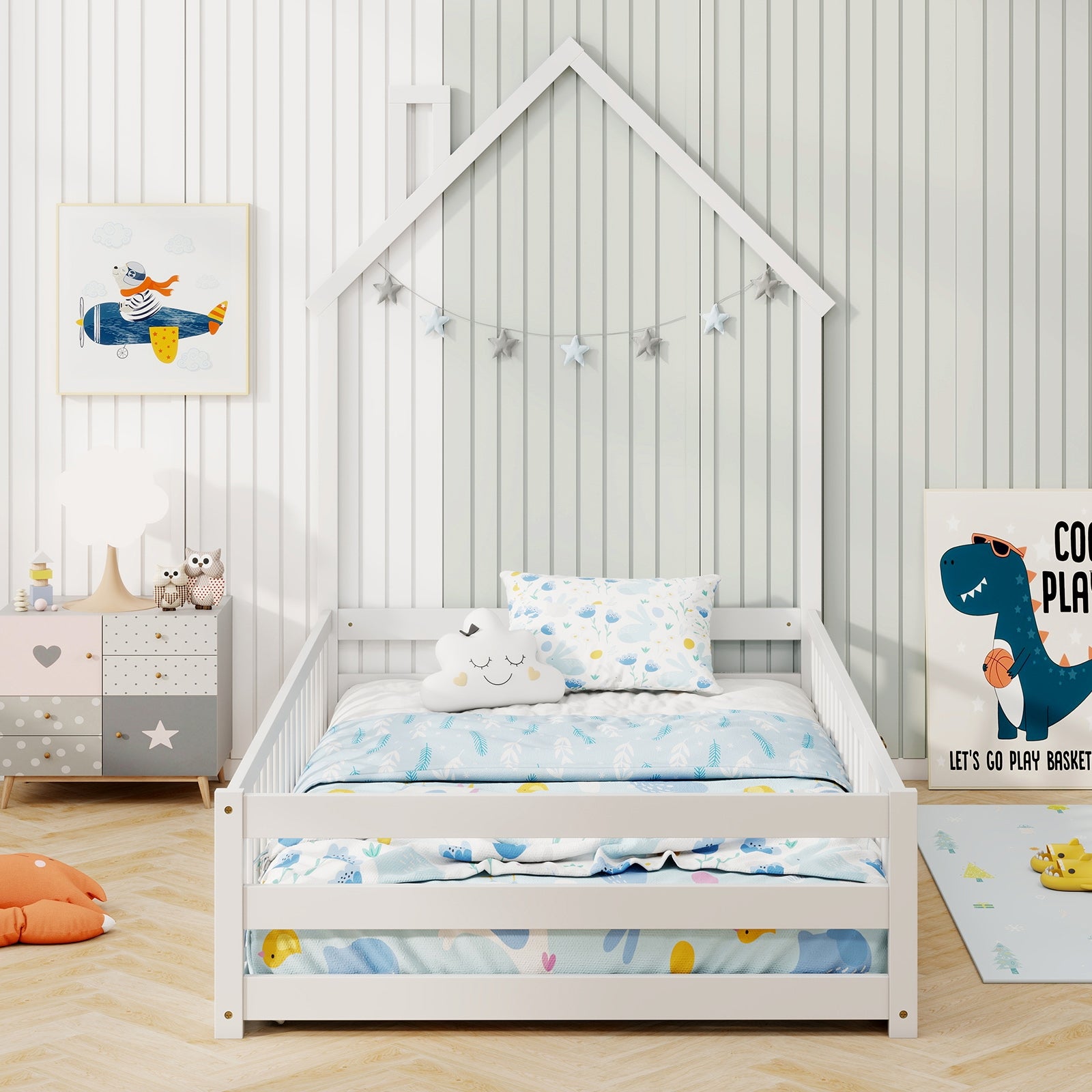 Twin Size Montessori Floor Bed with Lockable Door and Full-Length Guardrail-White
