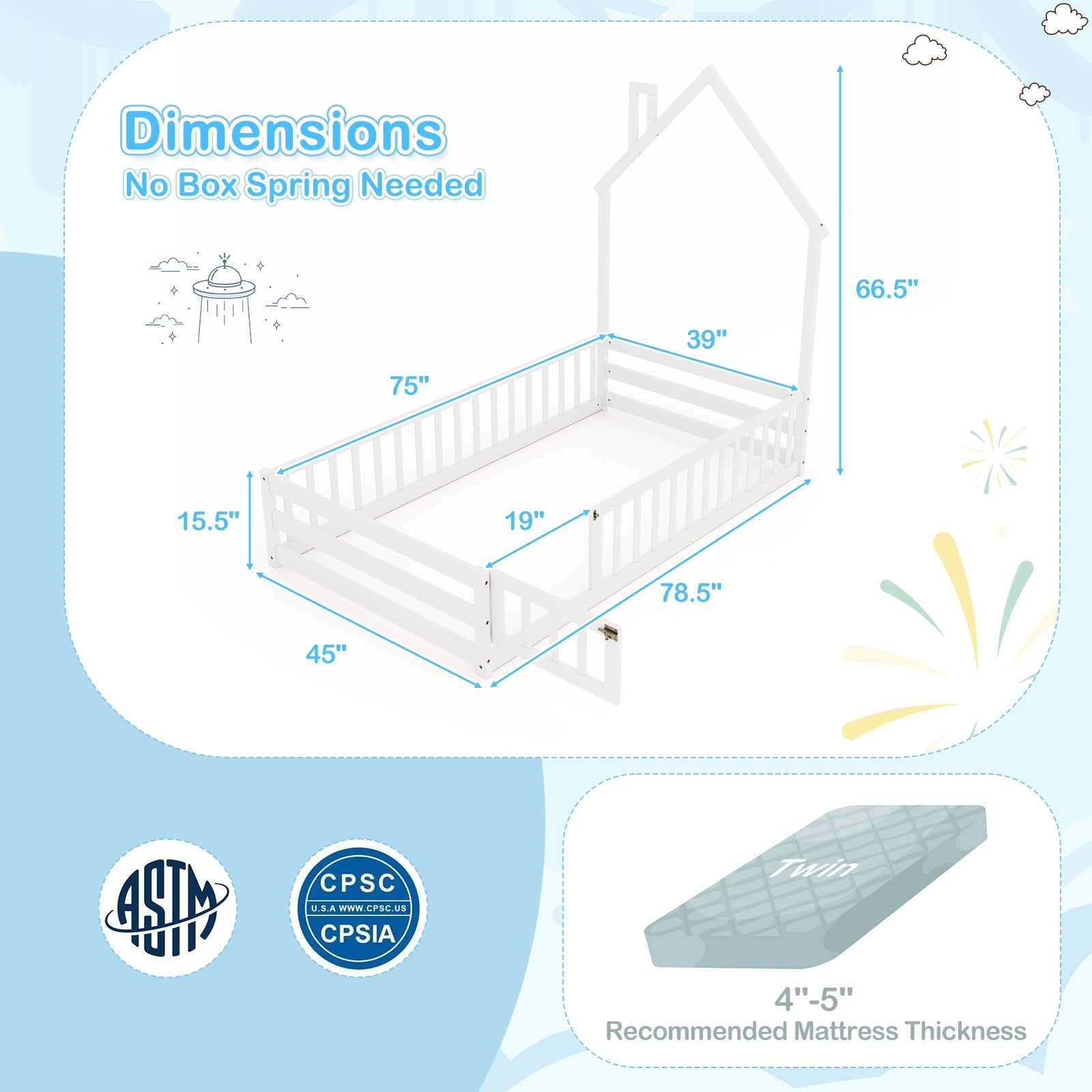 Twin Size Montessori Floor Bed with Lockable Door and Full-Length Guardrail-White