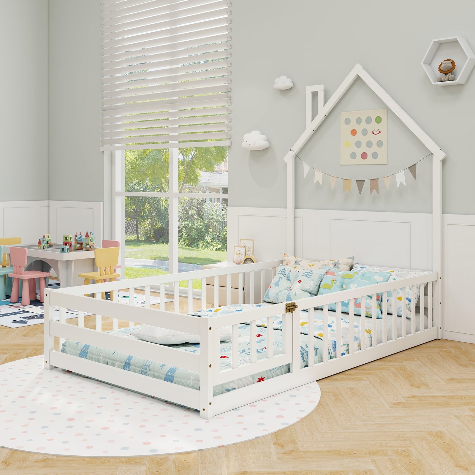 Twin Size Montessori Floor Bed with Lockable Door and Full-Length Guardrail-White
