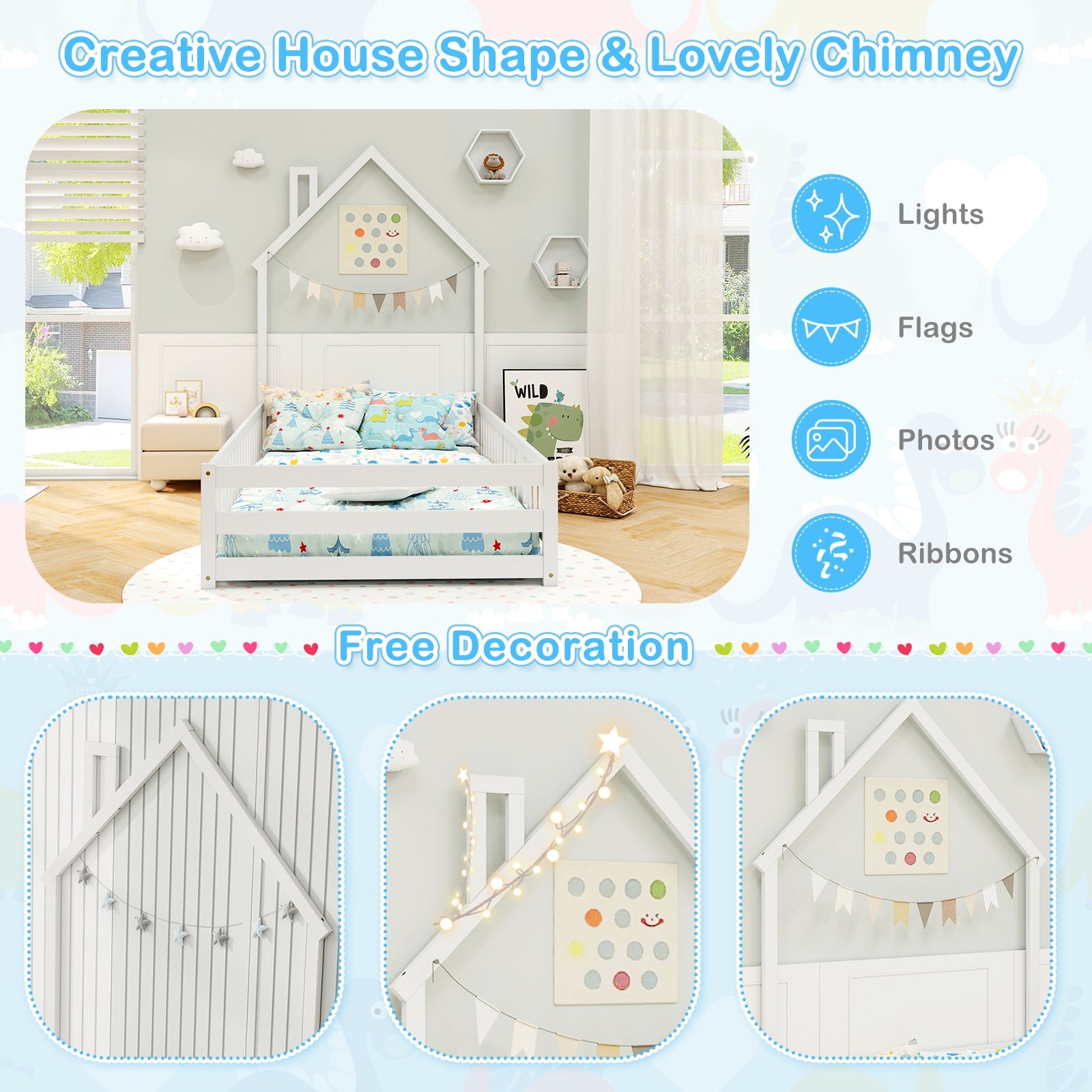 Twin Size Montessori Floor Bed with Lockable Door and Full-Length Guardrail-White