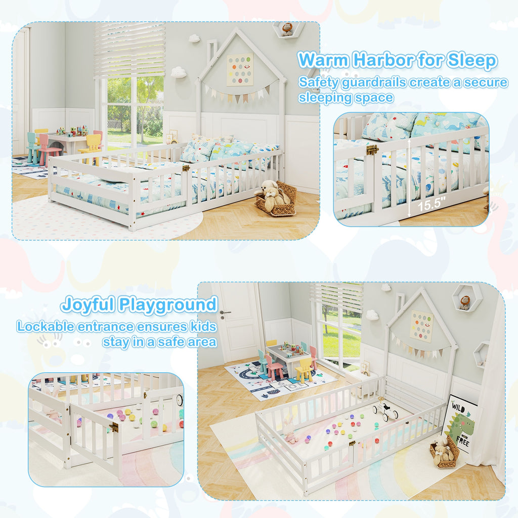 Twin Size Montessori Floor Bed with Lockable Door and Full-Length Guardrail-White