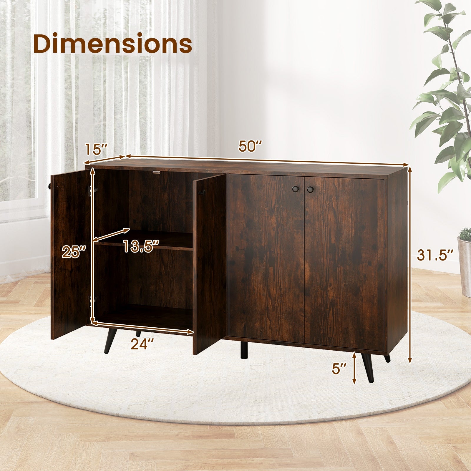 Buffet Sideboard Mid Century Modern Storage Cabinet with Adjustable Shelves-Rustic Brown