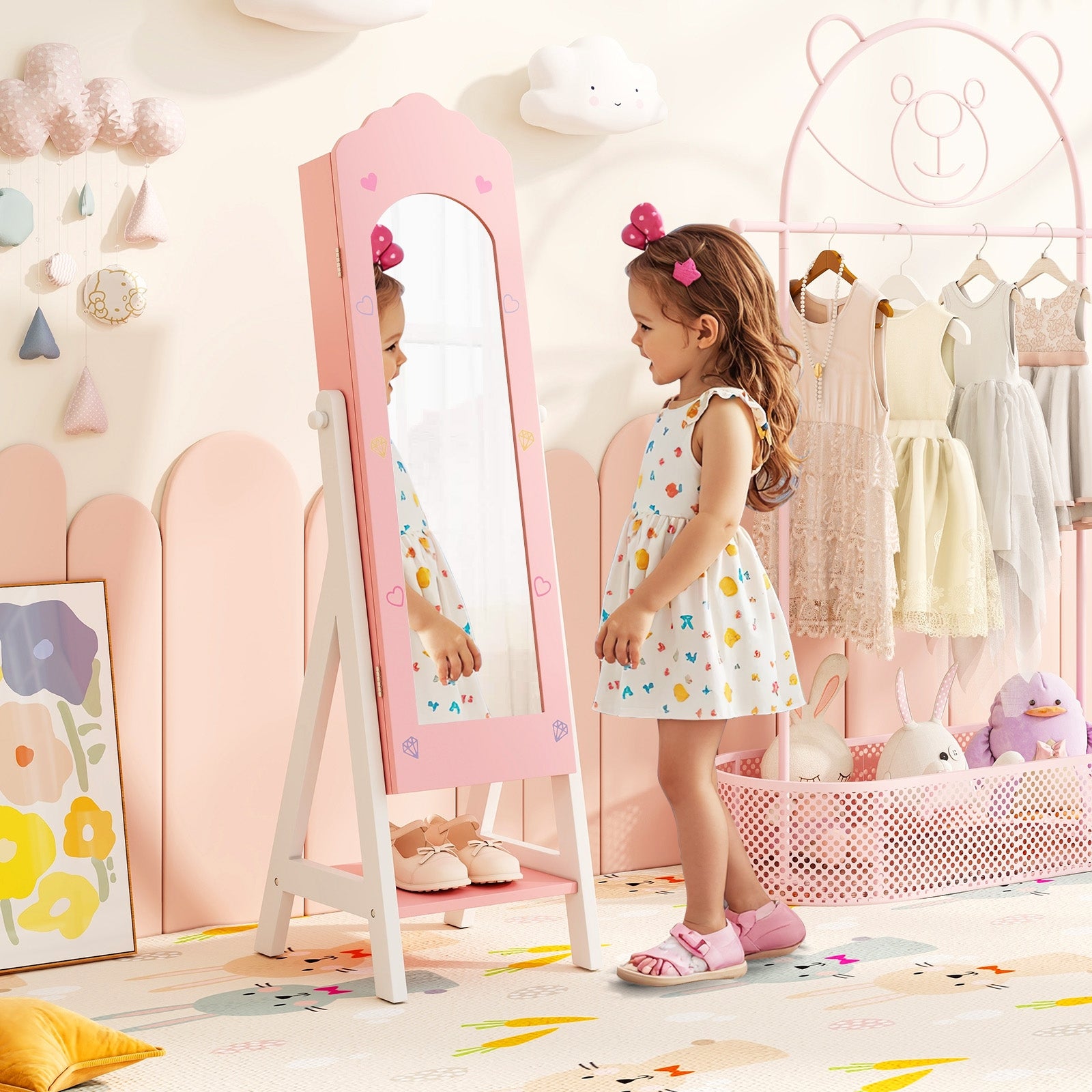 Kids Jewelry Organizer with Full Length Mirror Drawers and Storage Shelves-Pink