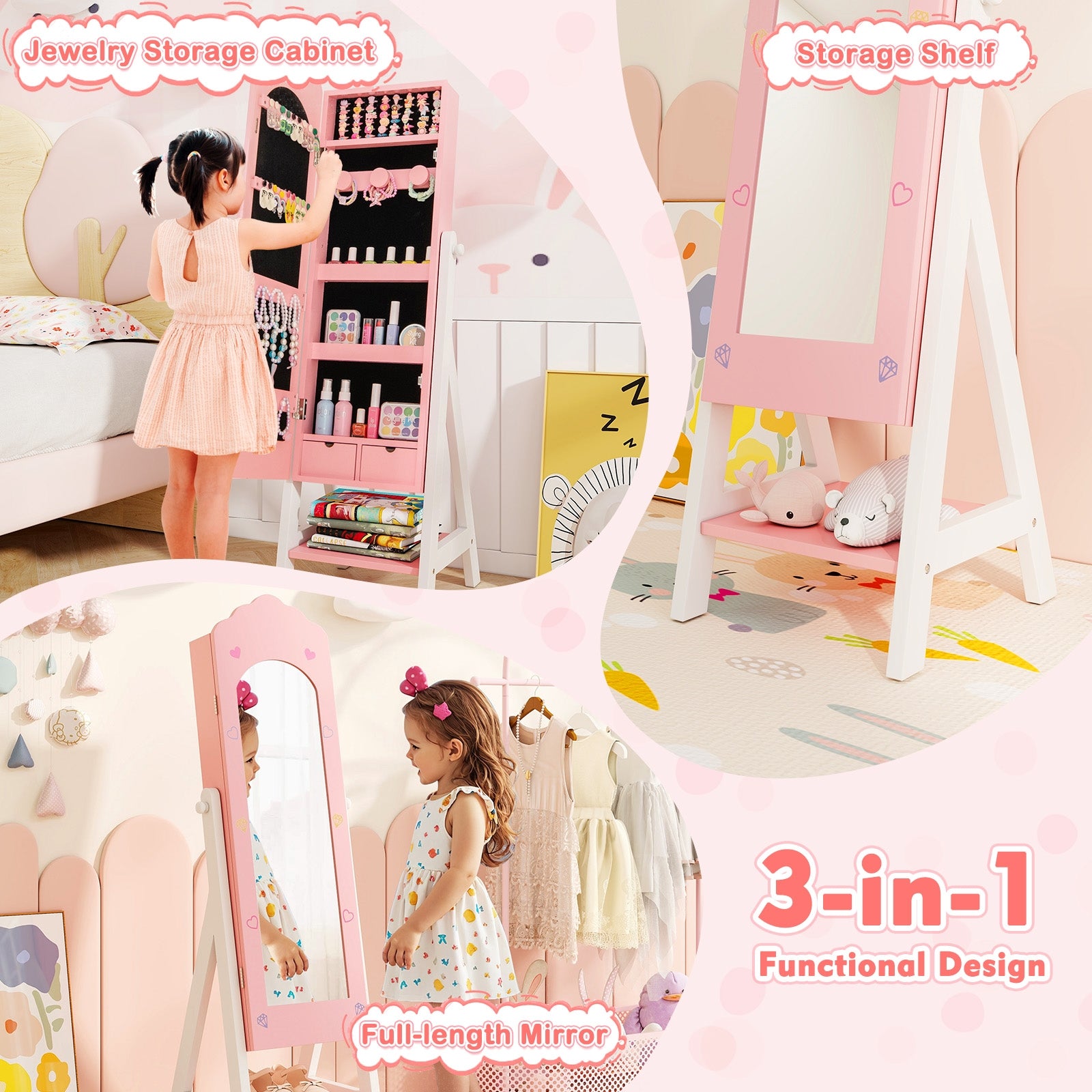 Kids Jewelry Organizer with Full Length Mirror Drawers and Storage Shelves-Pink
