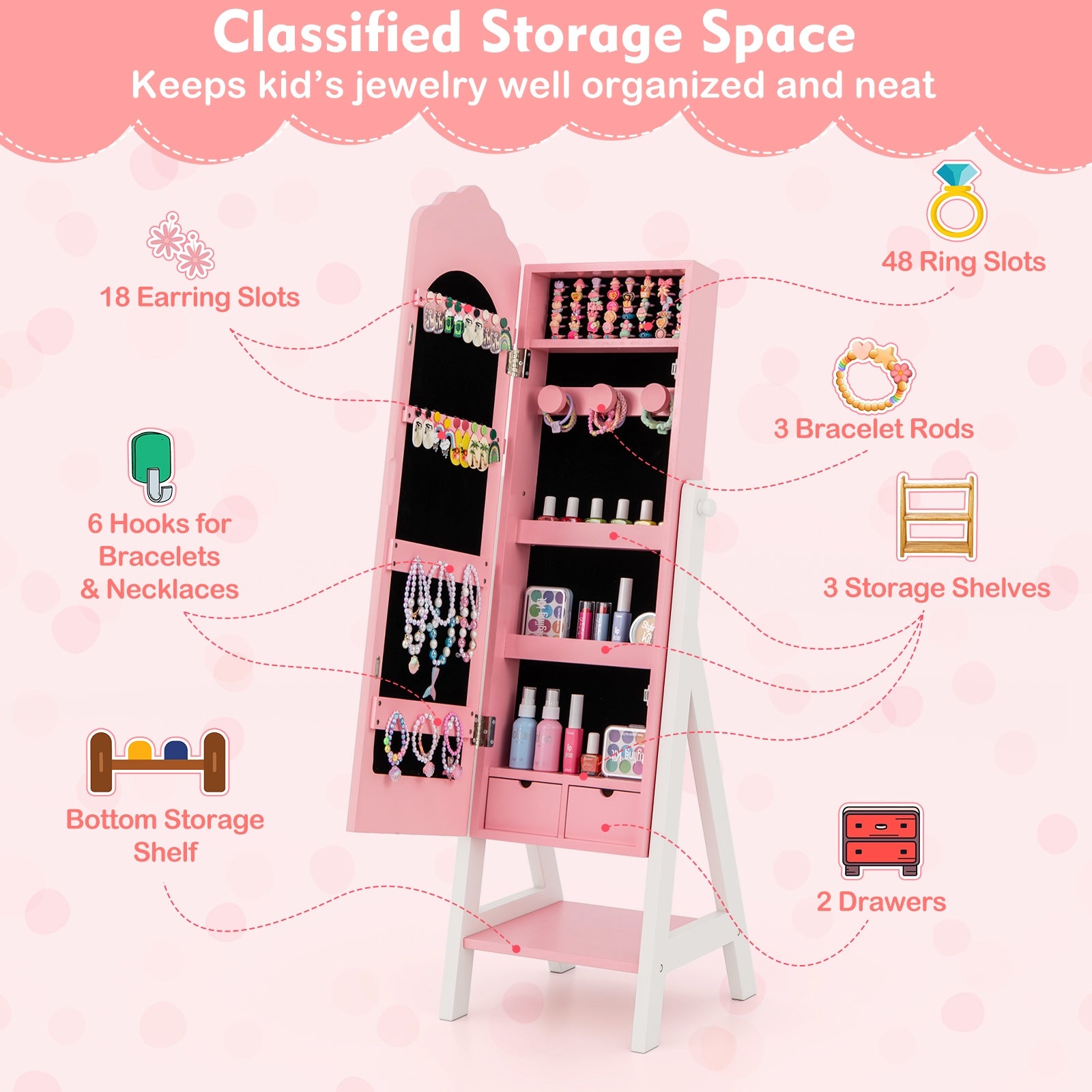 Kids Jewelry Organizer with Full Length Mirror Drawers and Storage Shelves-Pink