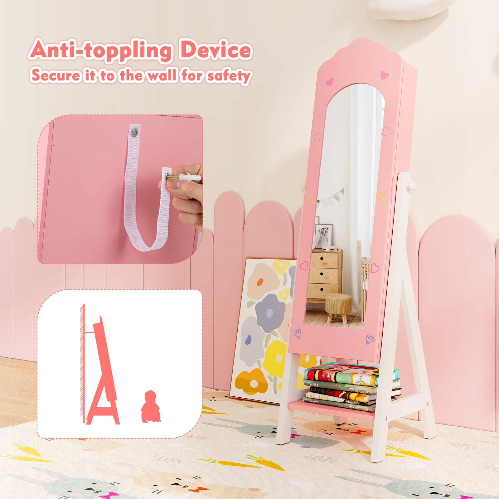 Kids Jewelry Organizer with Full Length Mirror Drawers and Storage Shelves-Pink