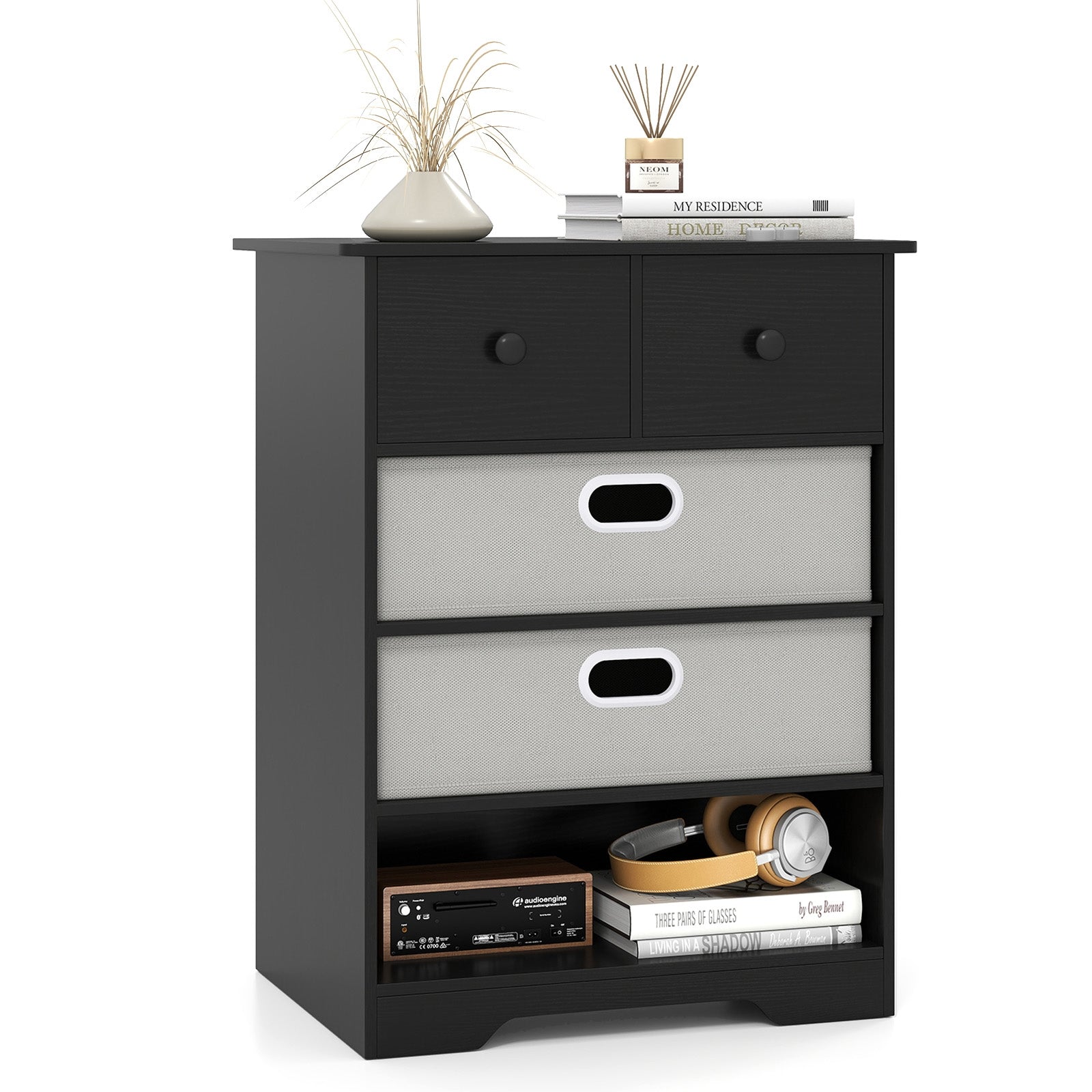 4-Drawer Dresser Modern Chest Storage Organizer with Open Shelves-Black