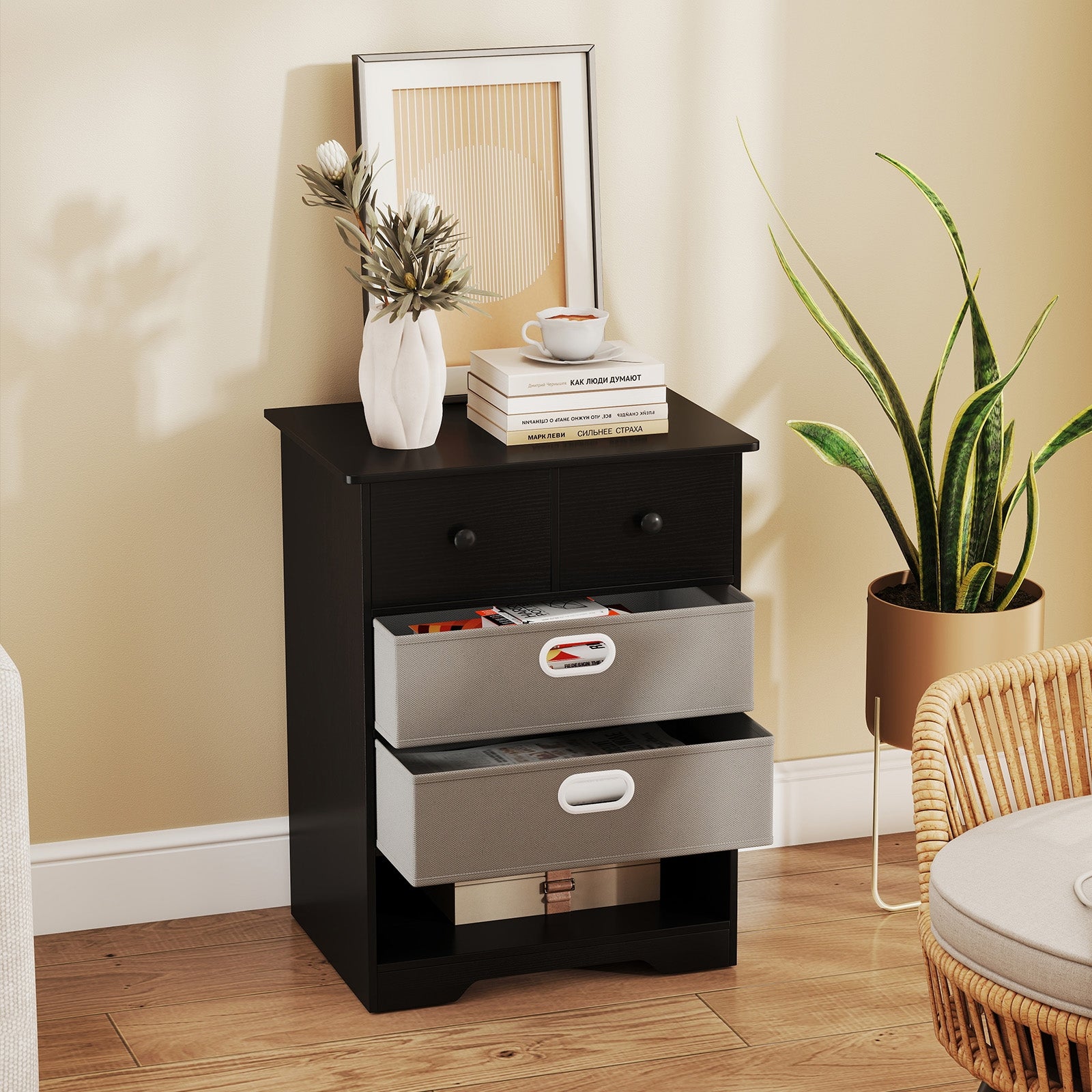 4-Drawer Dresser Modern Chest Storage Organizer with Open Shelves-Black