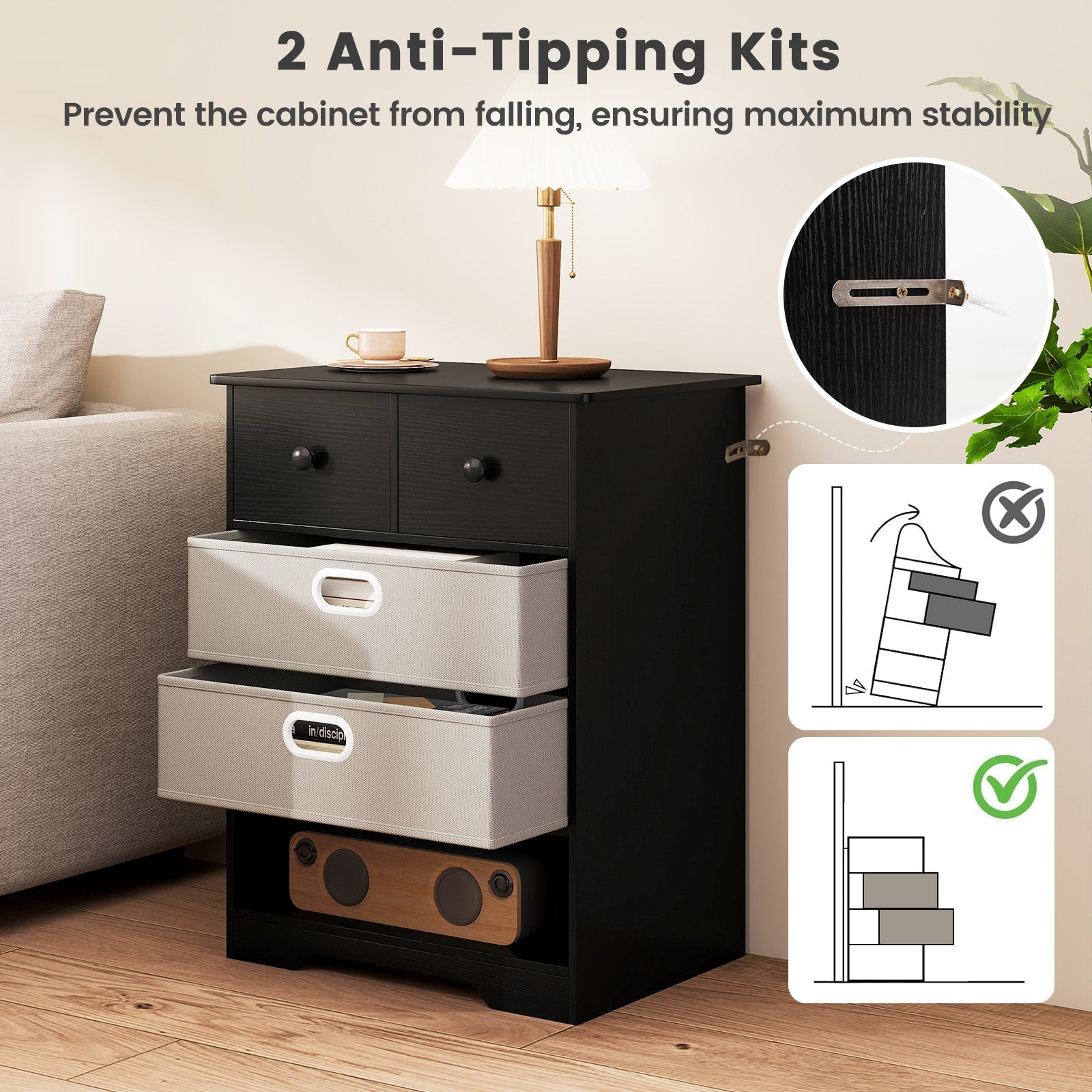 4-Drawer Dresser Modern Chest Storage Organizer with Open Shelves-Black