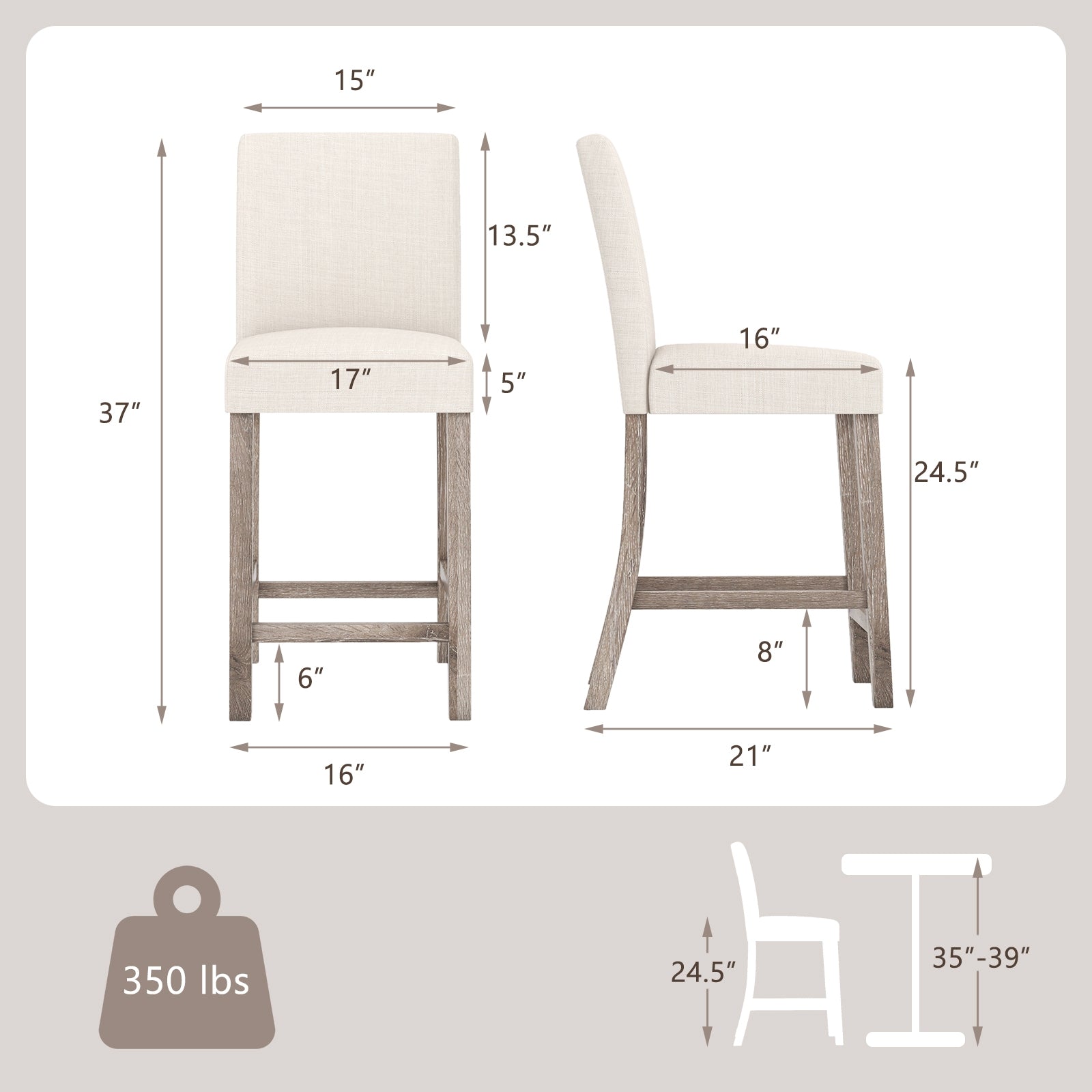 Counter Height Bar Stools Set of 2 with Back and Footrest-Beige