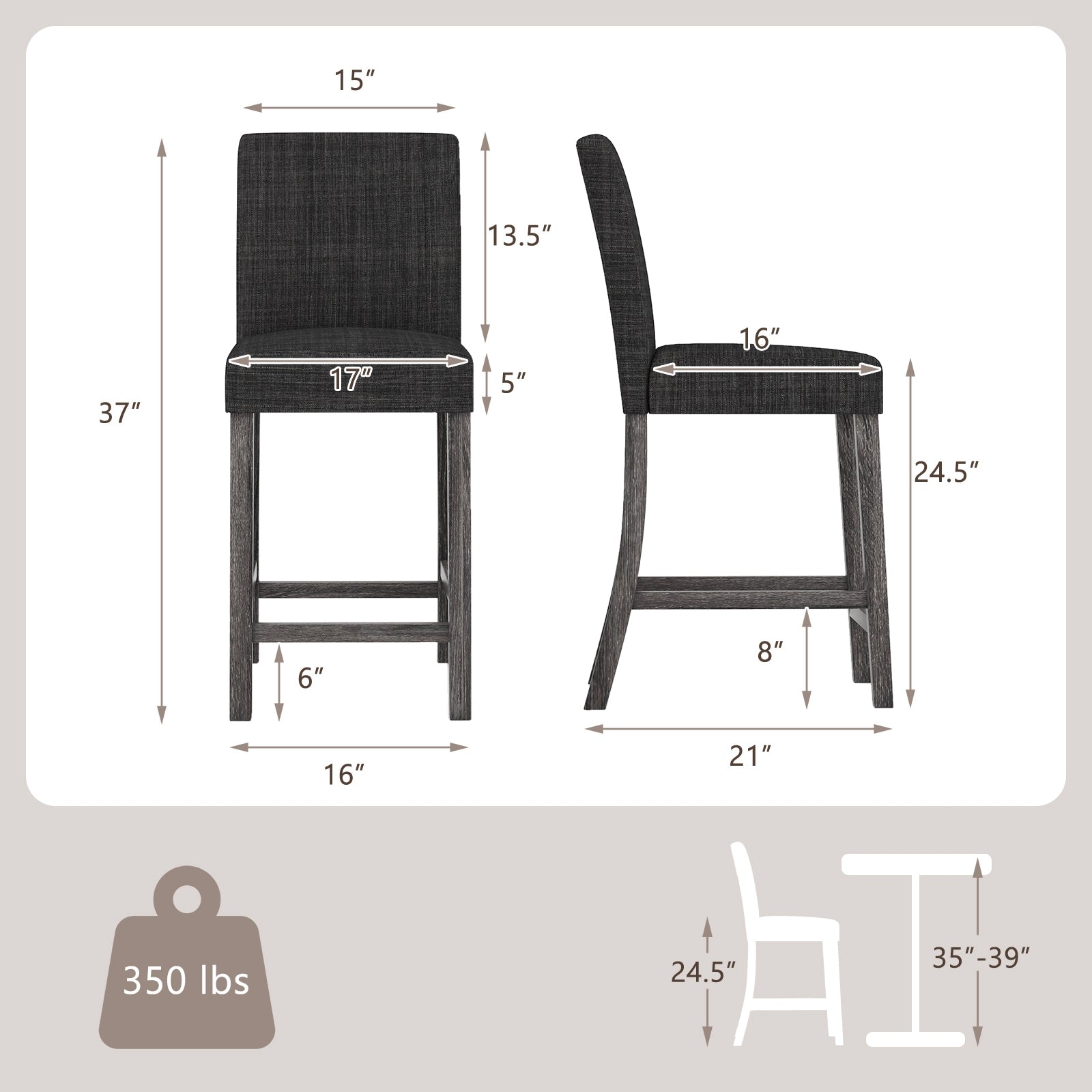 Counter Height Bar Stools Set of 2 with Back and Footrest-Gray