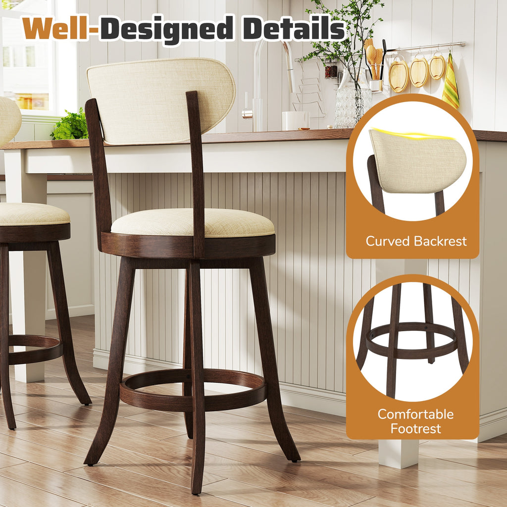 25.5 Inch Counter Height Chairs Set of 2 with Padded Seat and Backrest-Brown