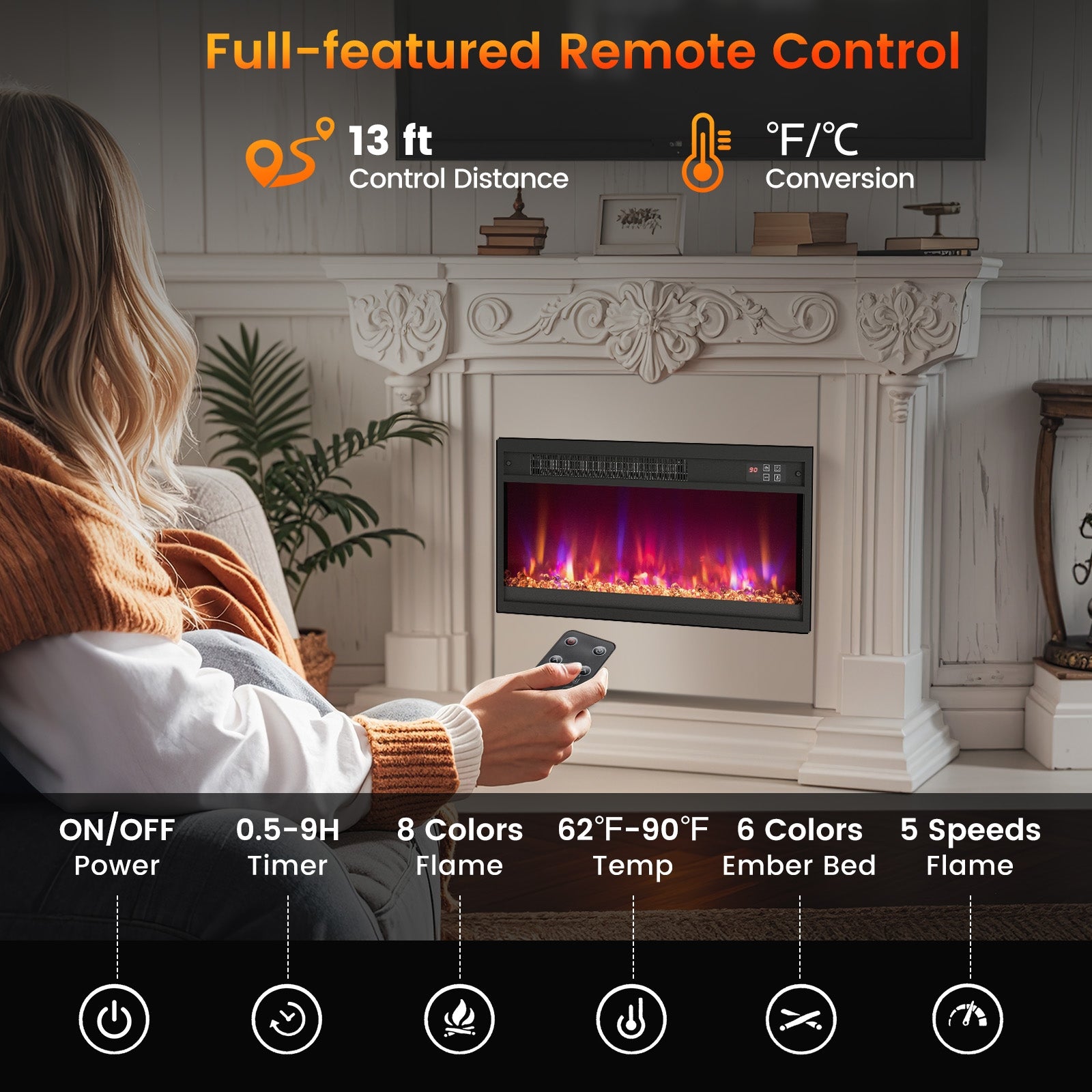 18/23/26 Inch 1500W Electric Fireplace Insert with Remote Control-23 inches