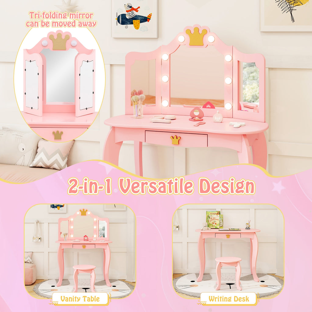 Kids Vanity Set with Tri-fold Lighted Mirror Detachable Top and Stool-Pink