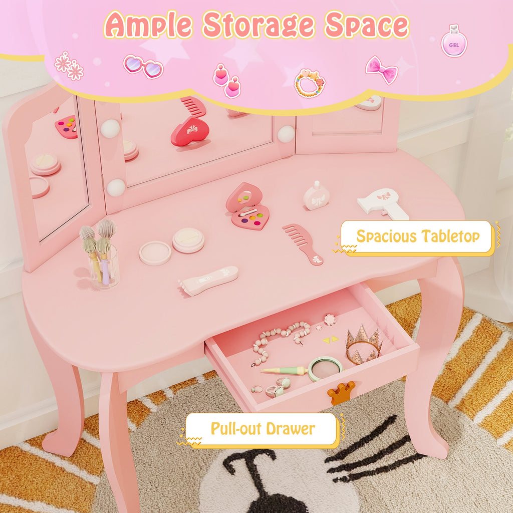 Kids Vanity Set with Tri-fold Lighted Mirror Detachable Top and Stool-Pink