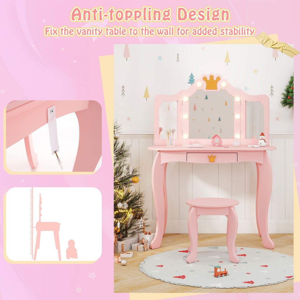Kids Vanity Set with Tri-fold Lighted Mirror Detachable Top and Stool-Pink