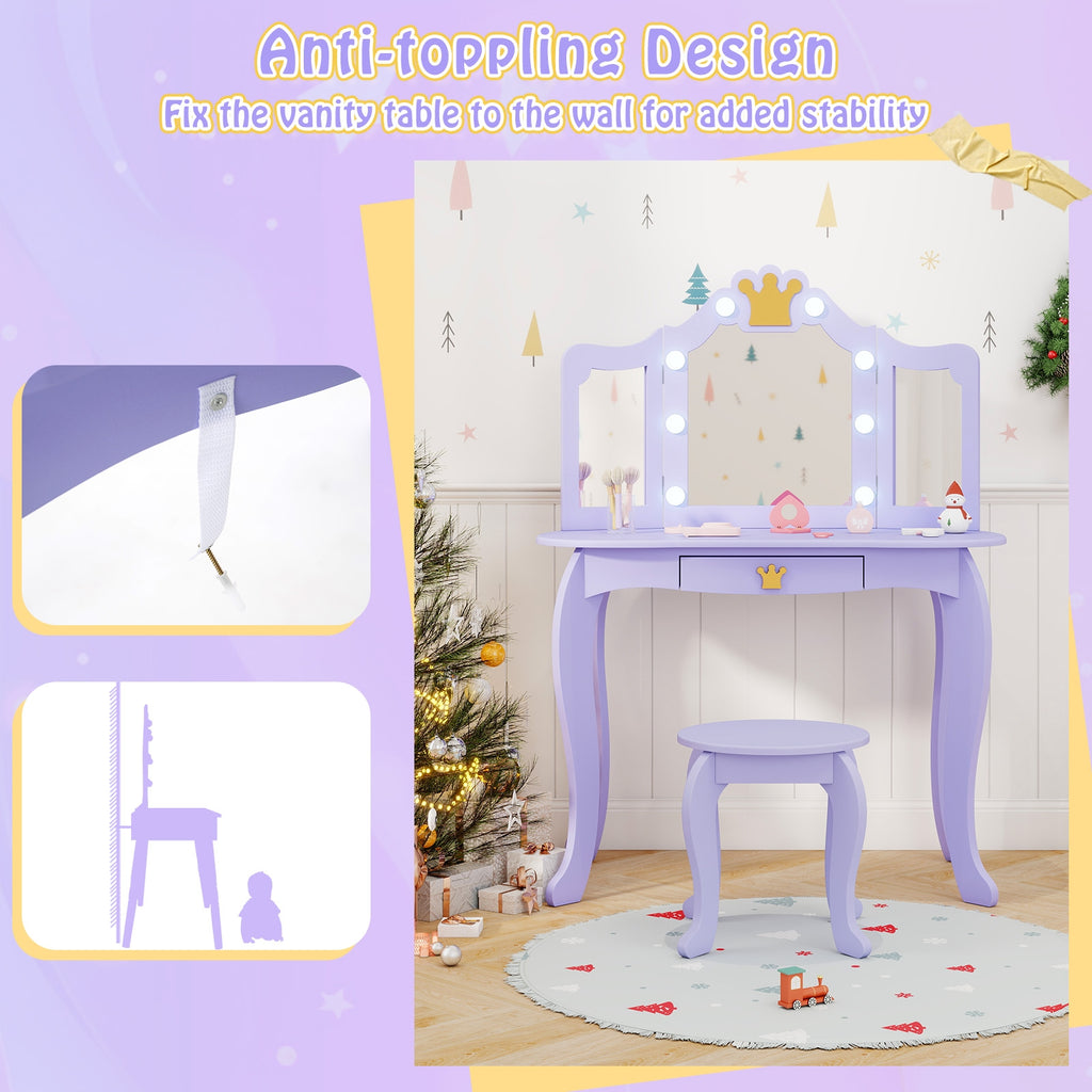 Kids Vanity Set with Tri-fold Lighted Mirror Detachable Top and Stool-Purple