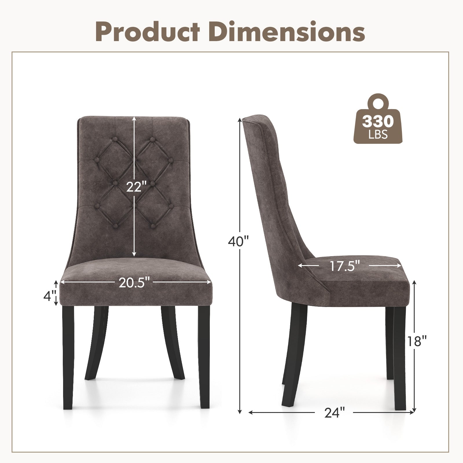 Tufted Dining Chairs Set of 2 with High Backrest and Padded Seat-Gray