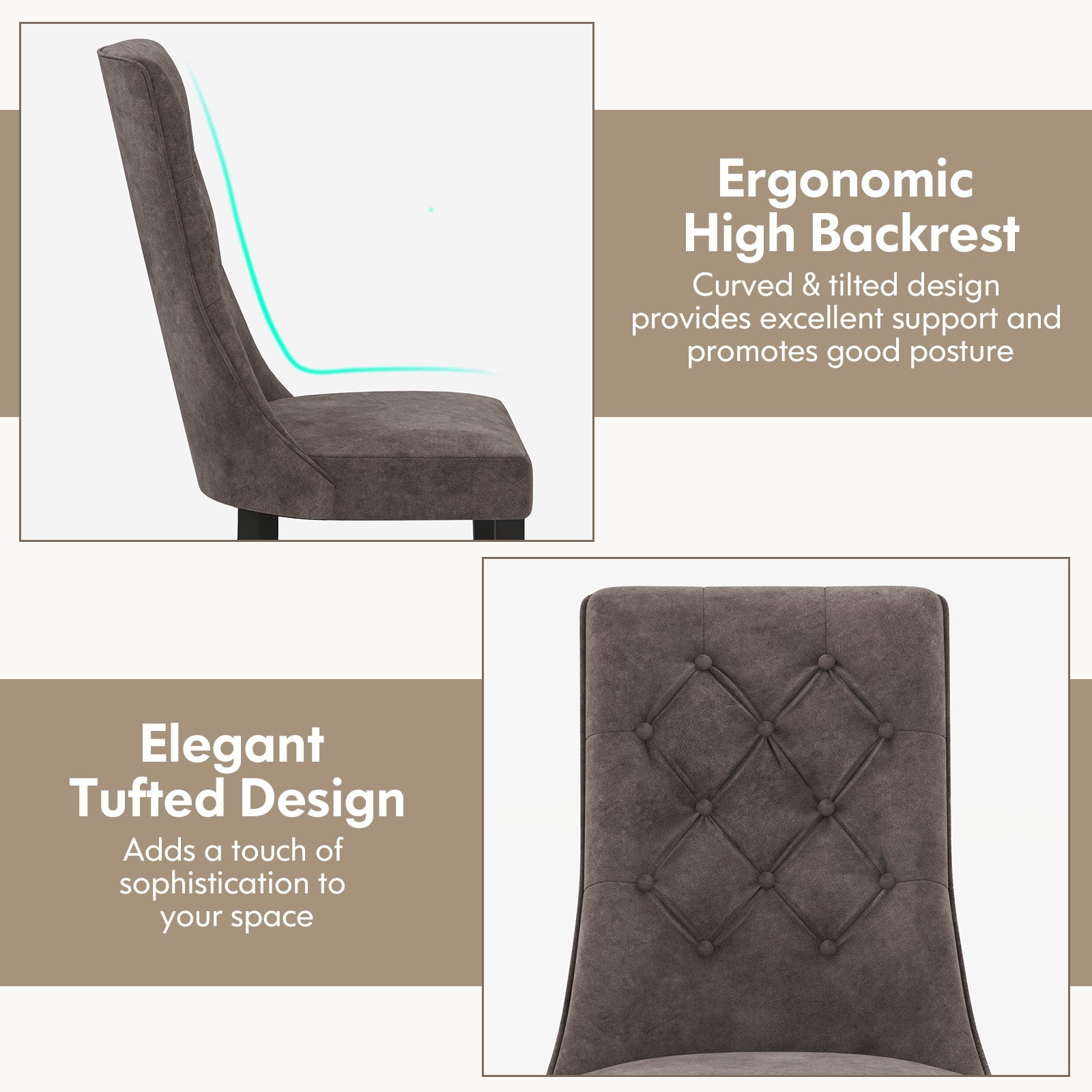 Tufted Dining Chairs Set of 2 with High Backrest and Padded Seat-Gray