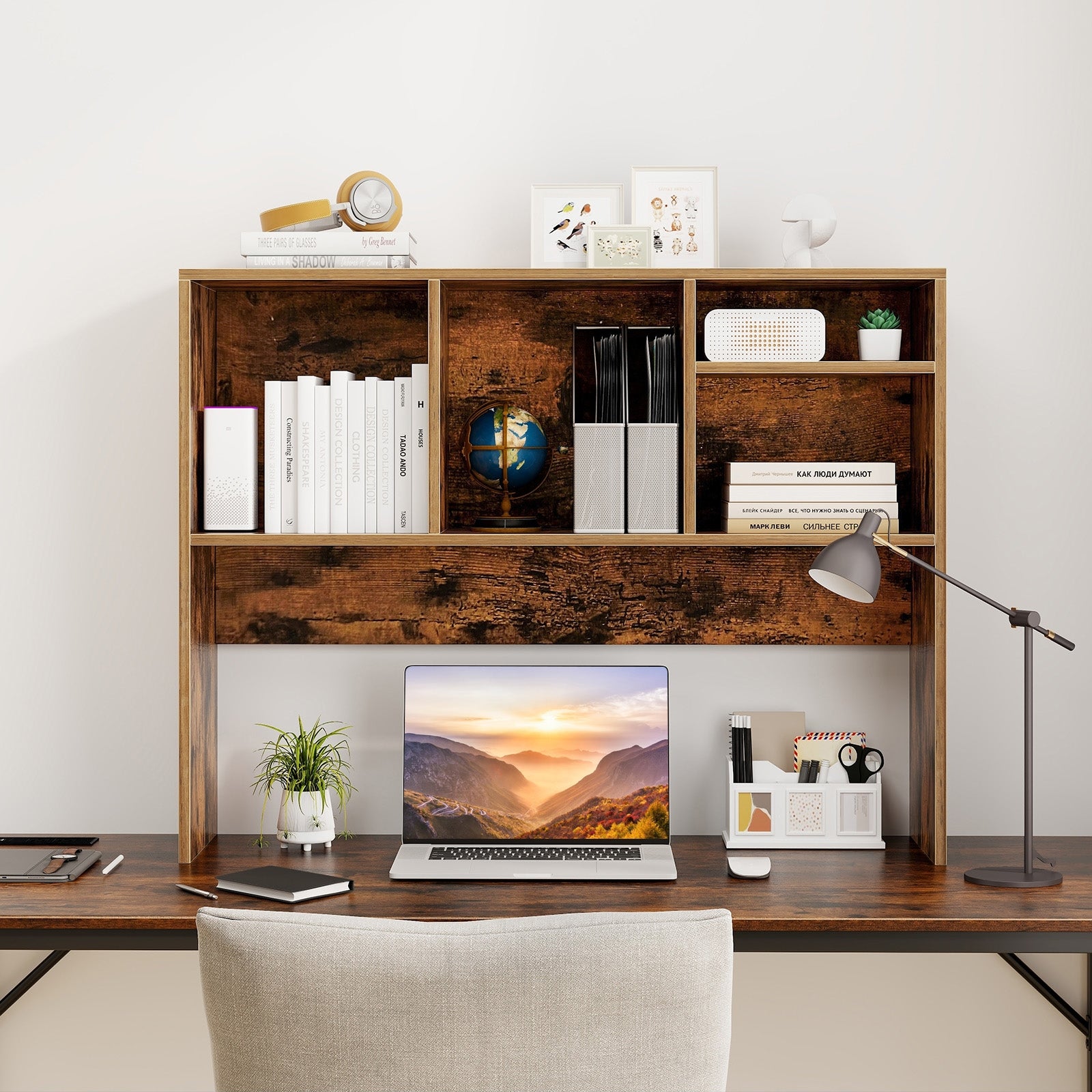 Computer Desktop Bookcase with 4 Cubbies and Open Back Compartment-Coffee