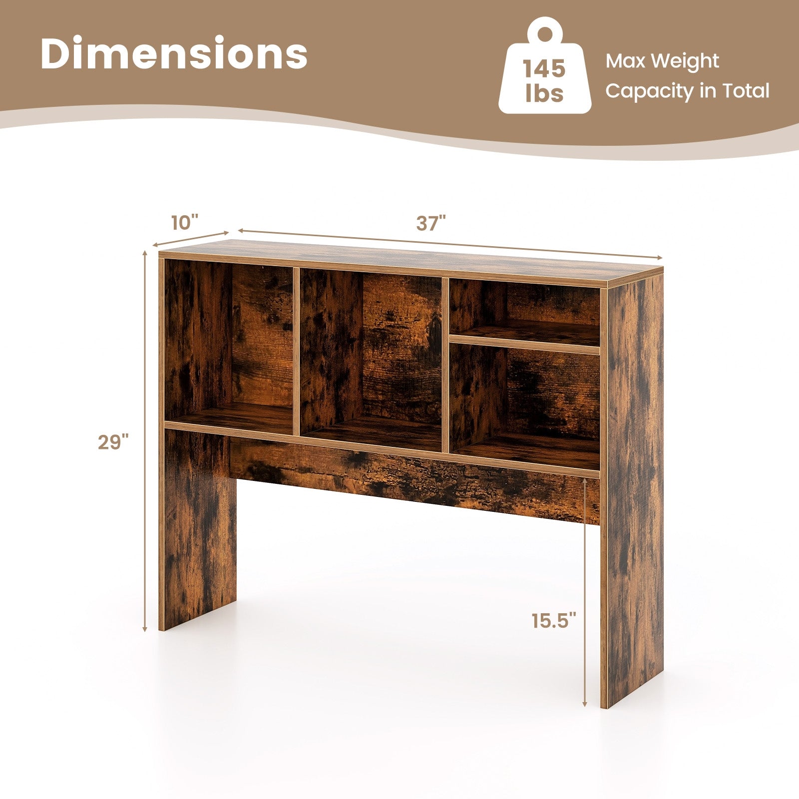 Computer Desktop Bookcase with 4 Cubbies and Open Back Compartment-Coffee