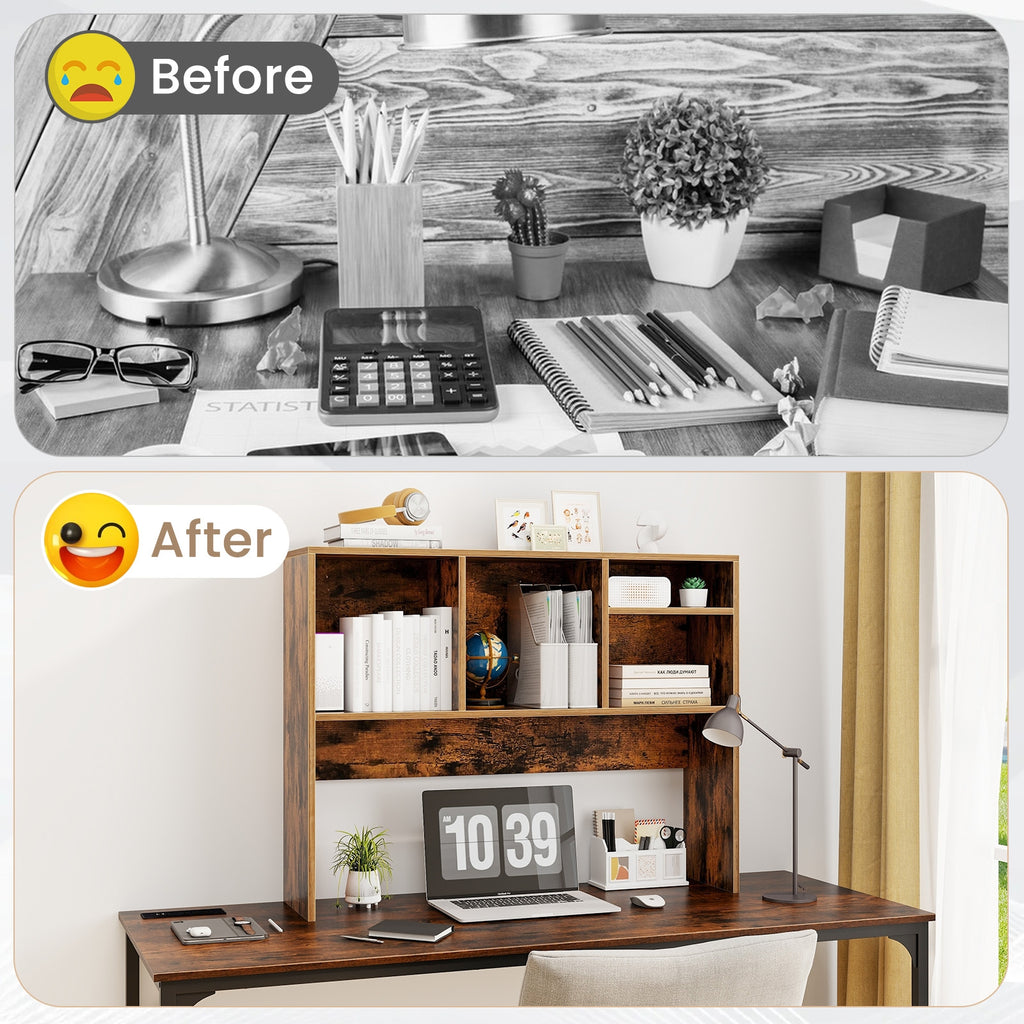Computer Desktop Bookcase with 4 Cubbies and Open Back Compartment-Coffee
