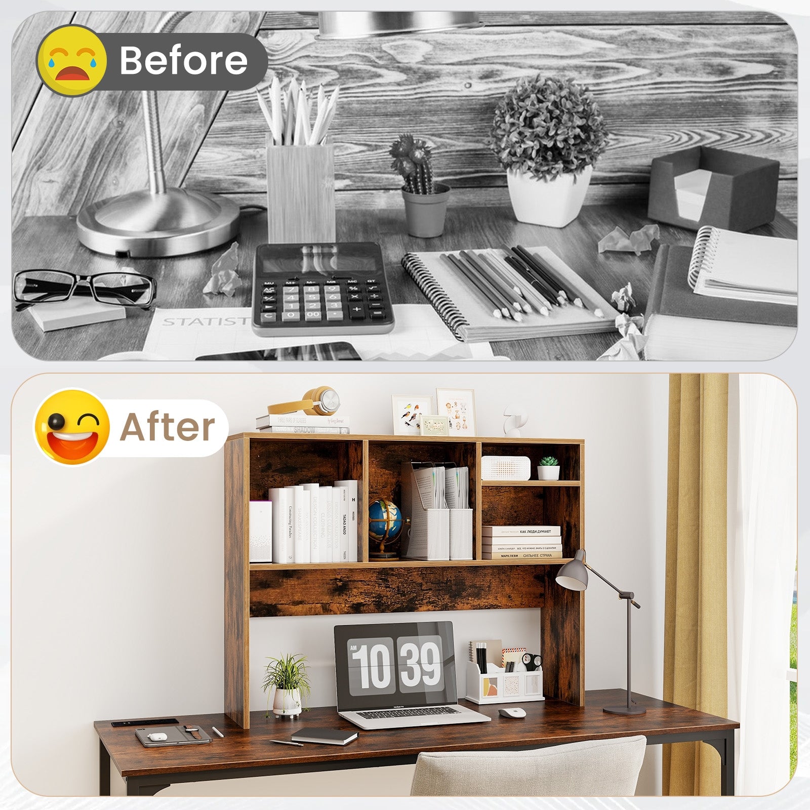 Computer Desktop Bookcase with 4 Cubbies and Open Back Compartment-Coffee