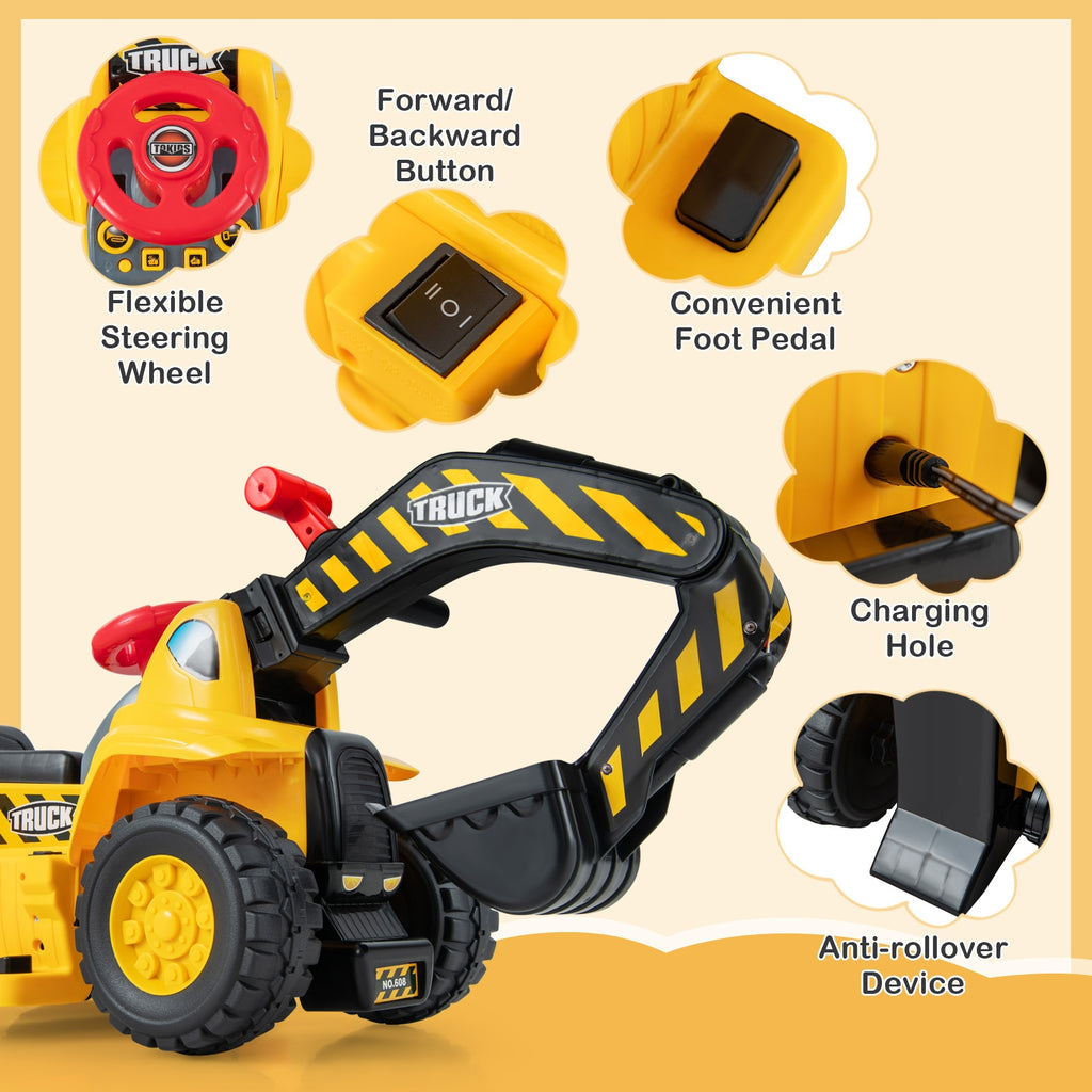 6V Kids Ride On Excavator Fun Digger with Folding Basketball Hoop